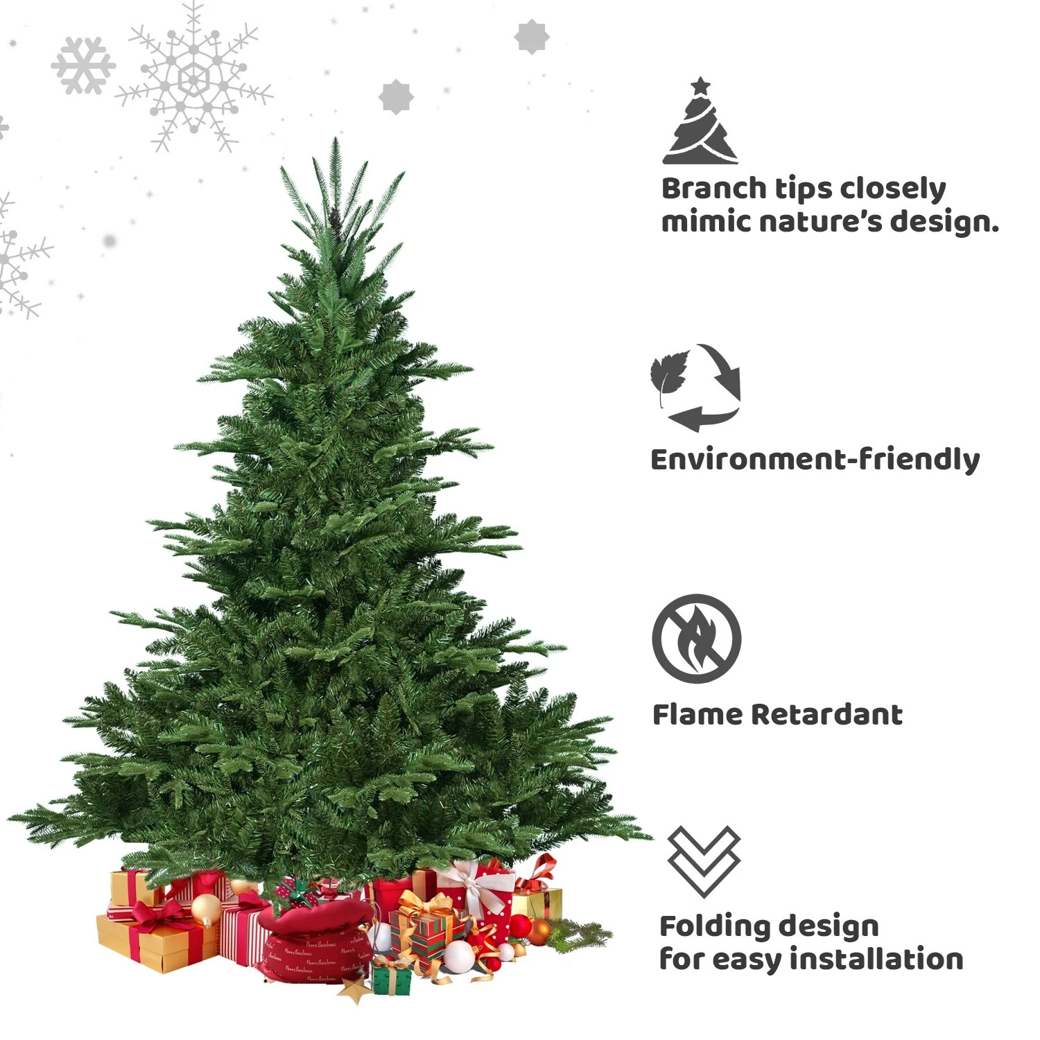 8-9FT Hinged Artificial Christmas Tree with Flame-Retardant PE/PVC, Foldable Stand