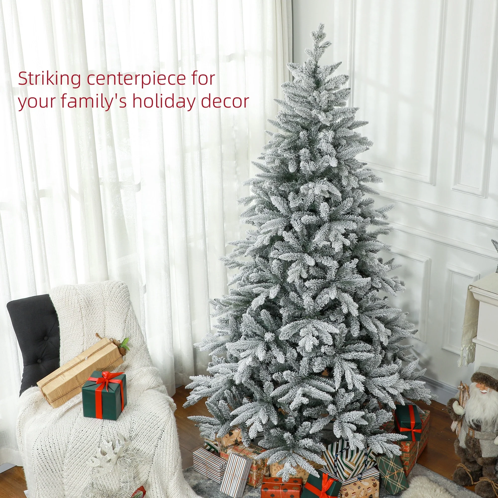 Snow Flocked 7ft/8ft Artificial Christmas Tree, Realistic Hinged Xmas Tree with 1401/2003 Tips & Metal Stand