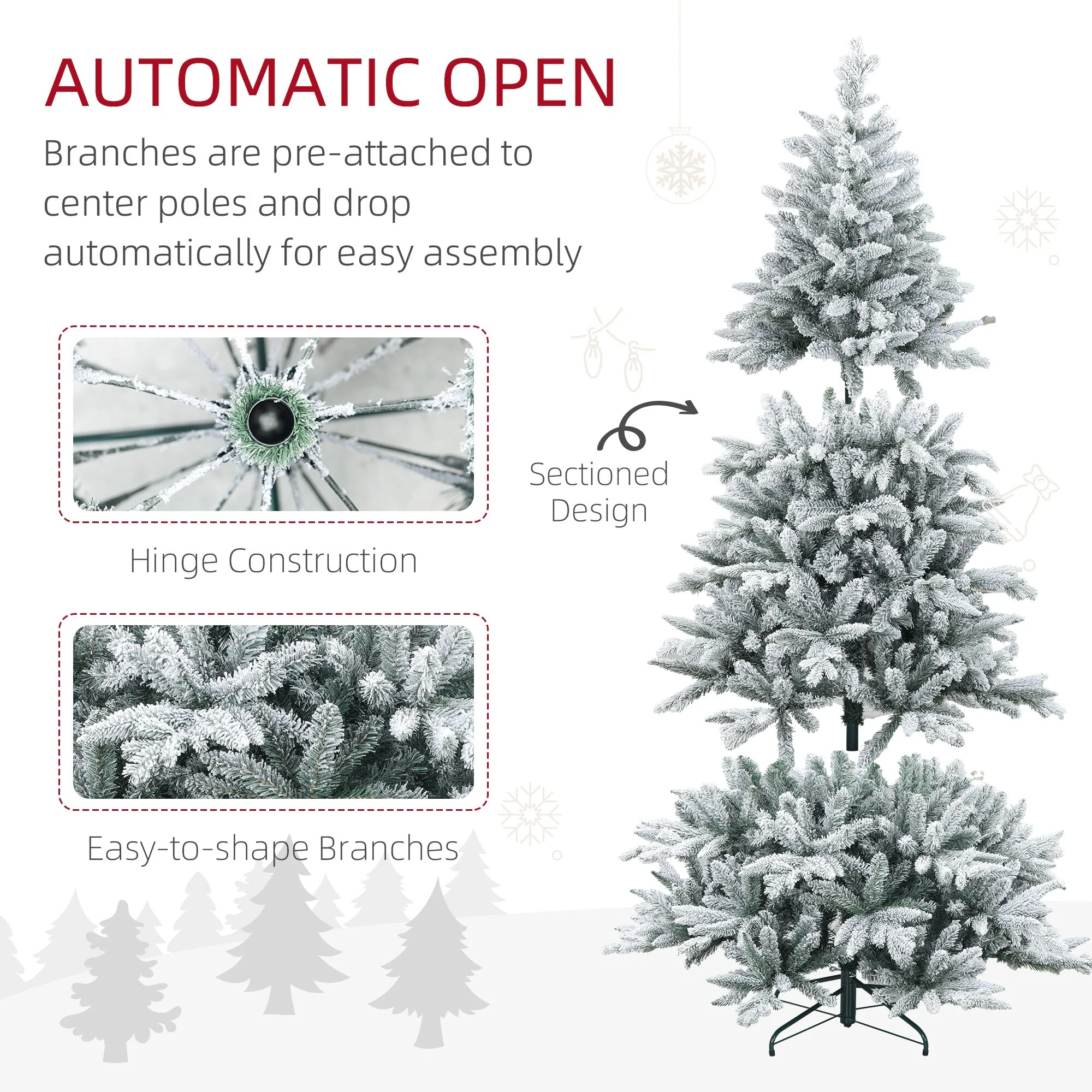 Snow Flocked 7ft/8ft Artificial Christmas Tree, Realistic Hinged Xmas Tree with 1401/2003 Tips & Metal Stand
