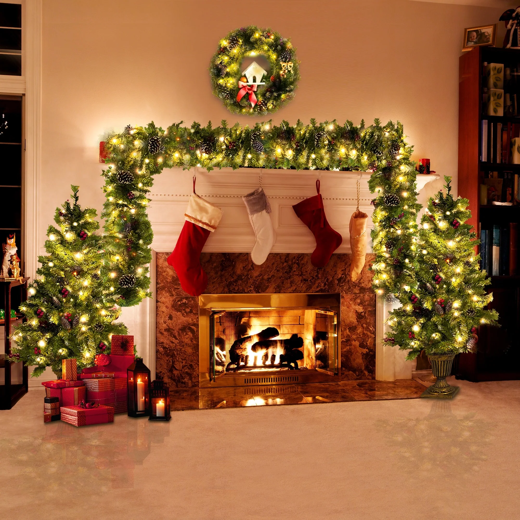 Pre-Lit 4-Piece Holiday Christmas Set - Entrance Trees, Garland, and Wreath with 340 Warm LEDs