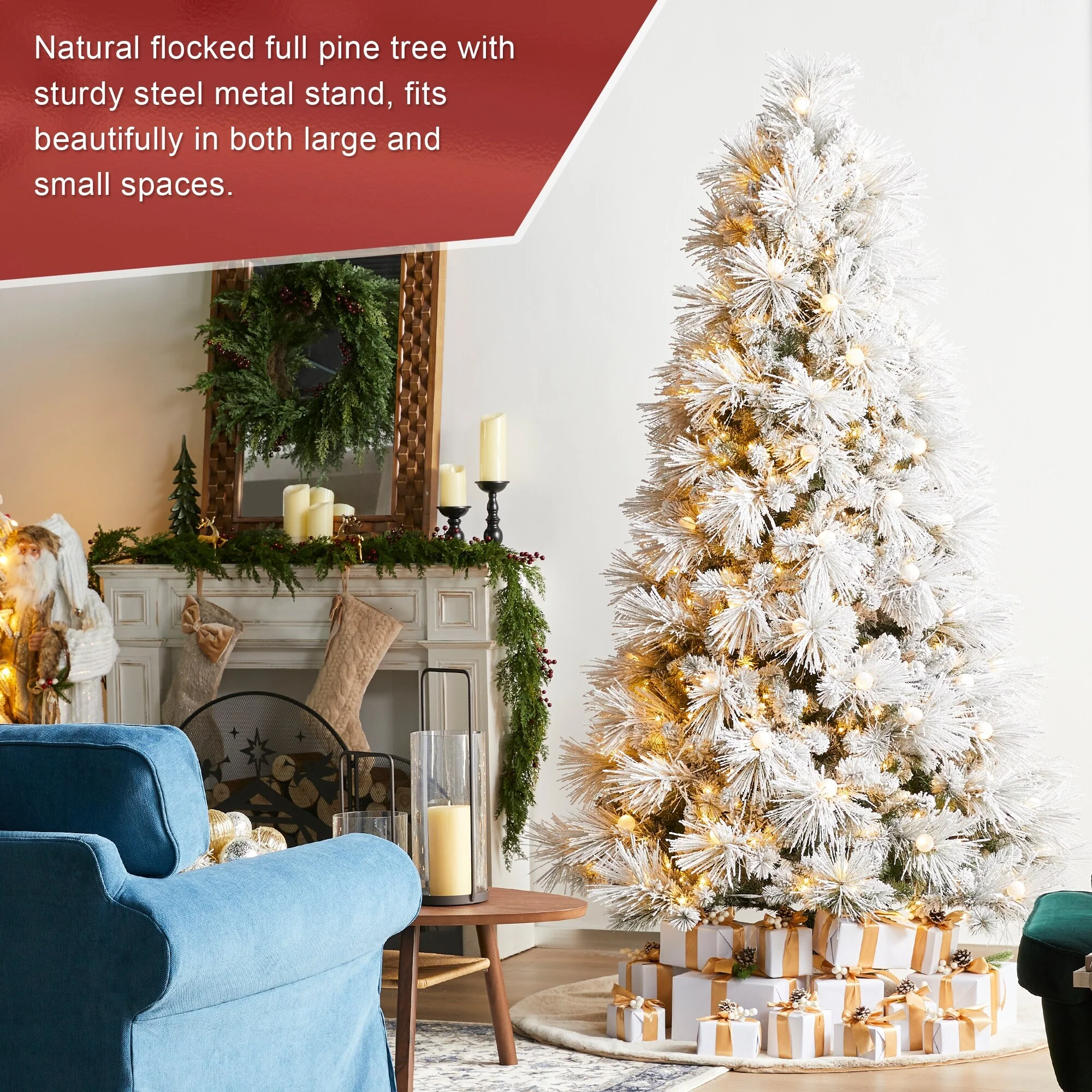 Glitzhome 7.5FT/9FT Pre-Lit Flocked Full Snowy Globe Pine Artificial Christmas Tree with Foot Switch