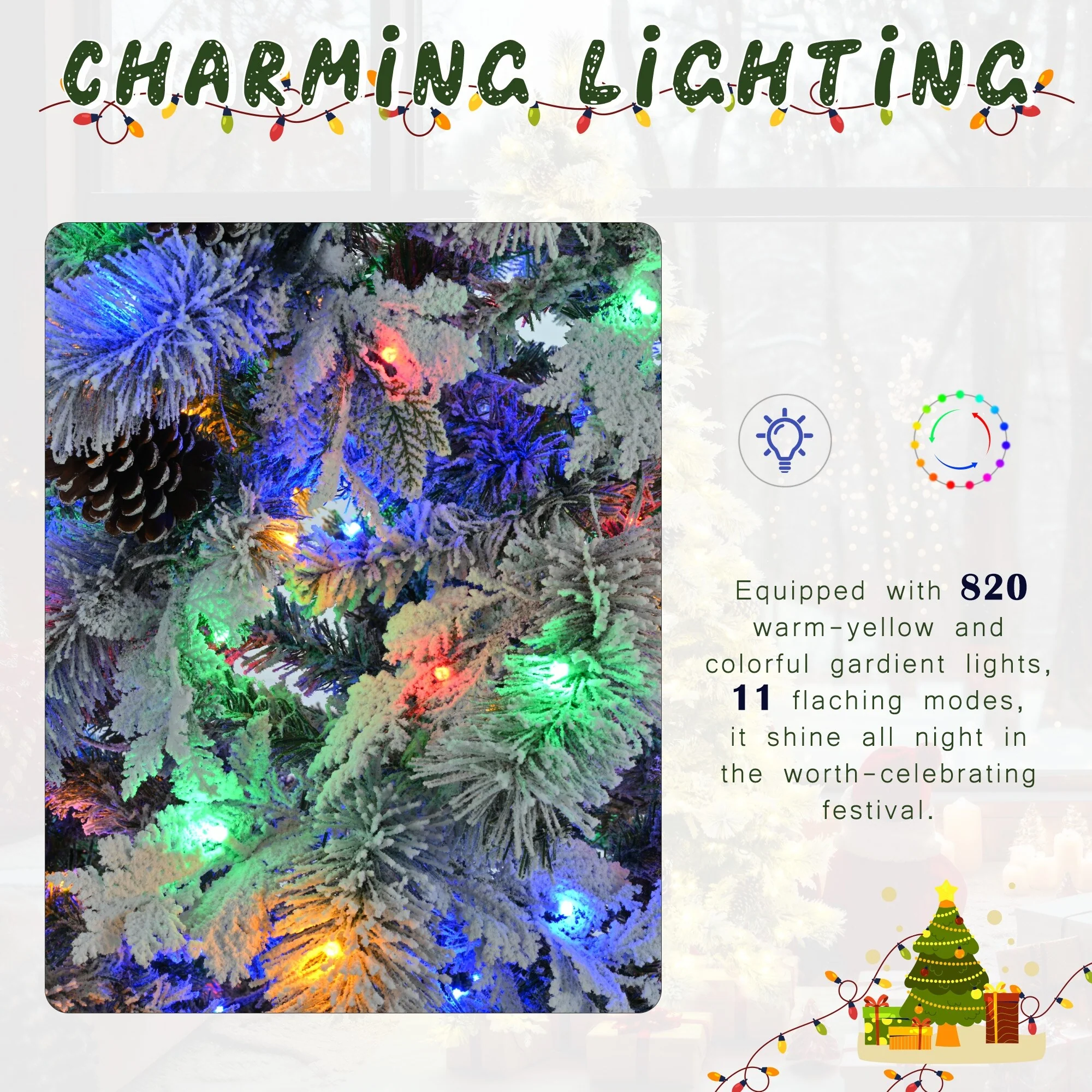 Artificial Snow Flocked Spruce Christmas Tree with 120/250/450 LED Lights, Pine Cones, and 11 Flashing Modes, 4FT/6FT/7.5FT