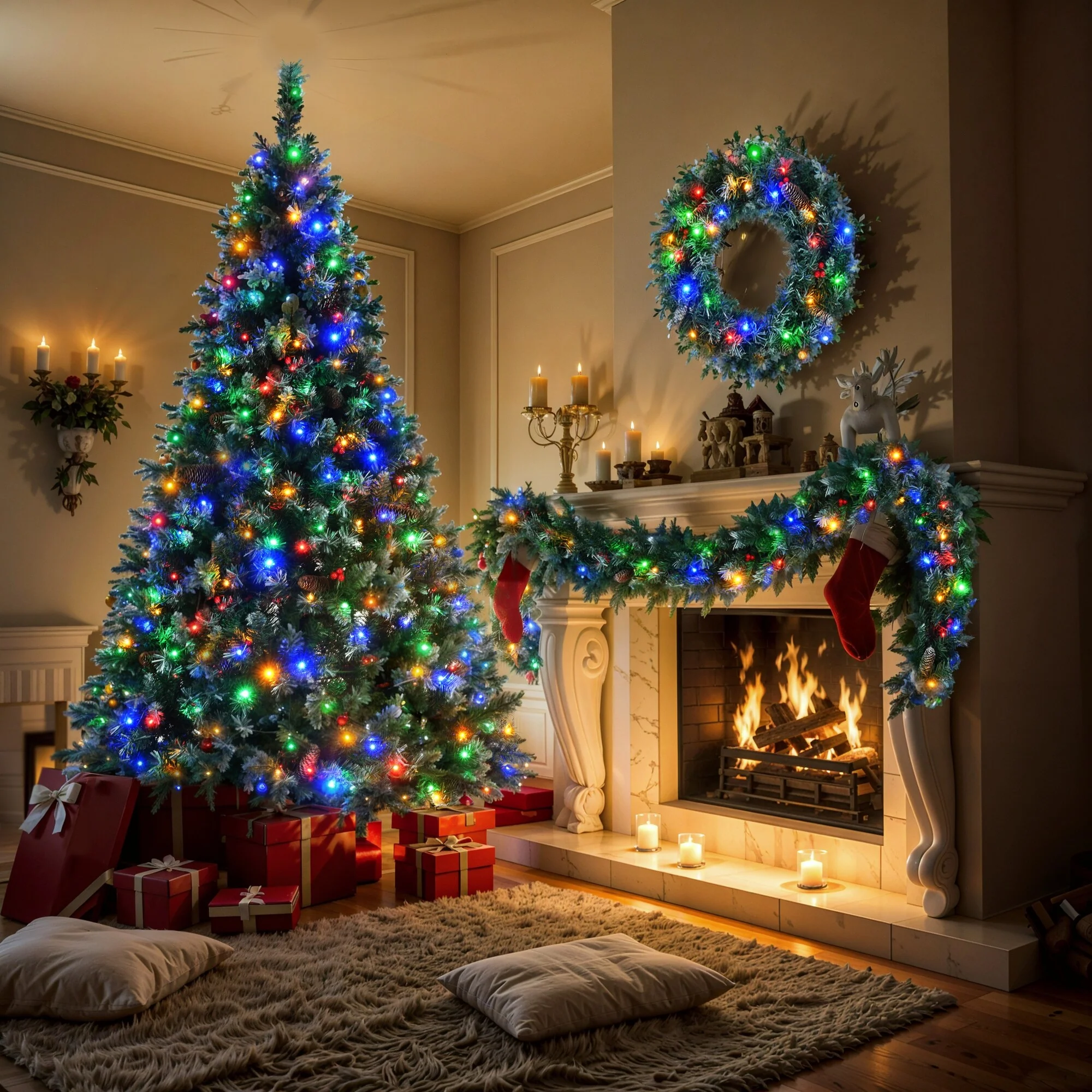 Dark Green Pine Christmas Tree with White Tips, Red Berries & Pine Cones, Pre-Lit 6FT Tree, Wreath & Garland, 11 Lighting Modes