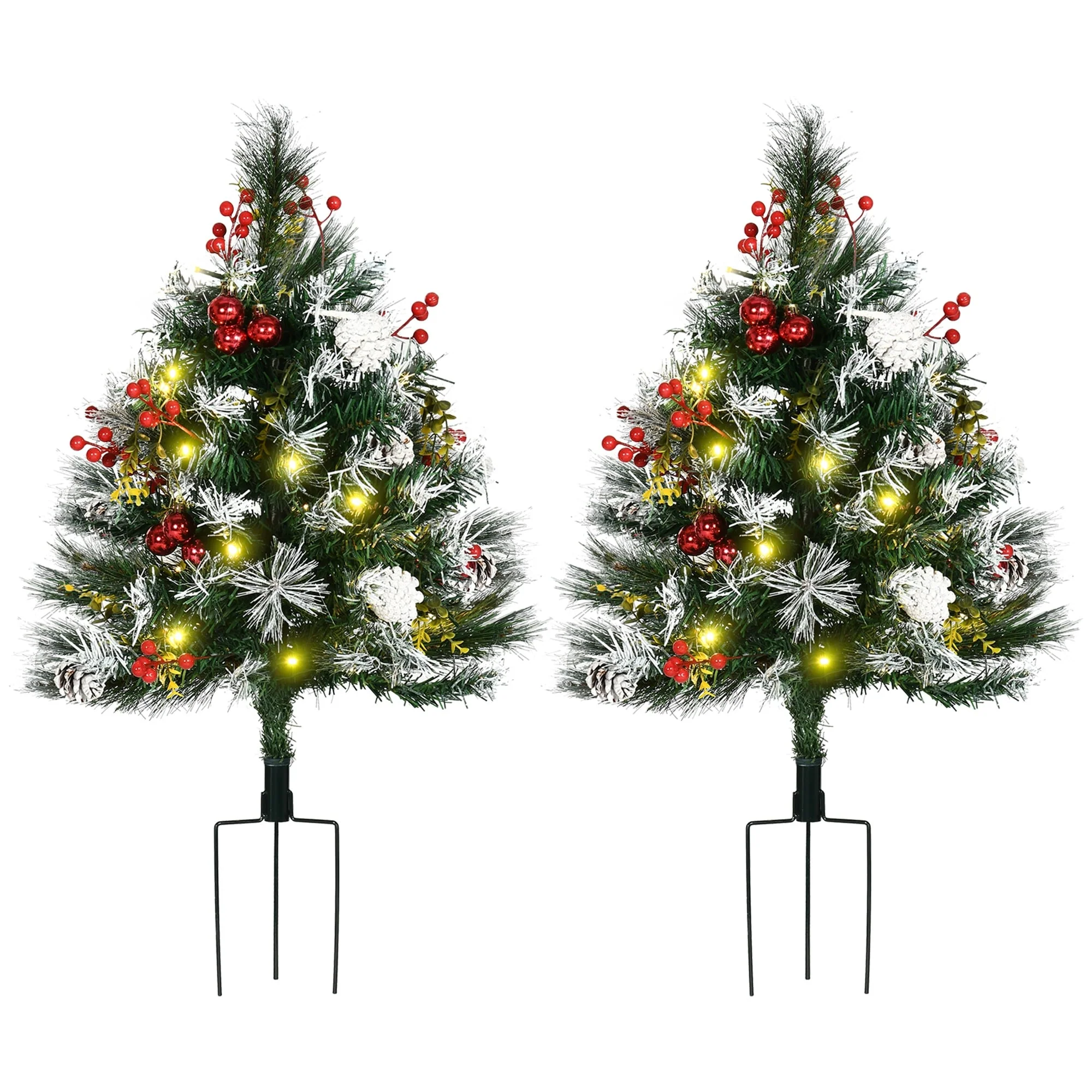 Outdoor 2.5 Ft Artificial Christmas Trees, Pre-Lit 2-Pack with 24 LED Lights, Red Berries, Pinecones & Snow-Dipped Branches
