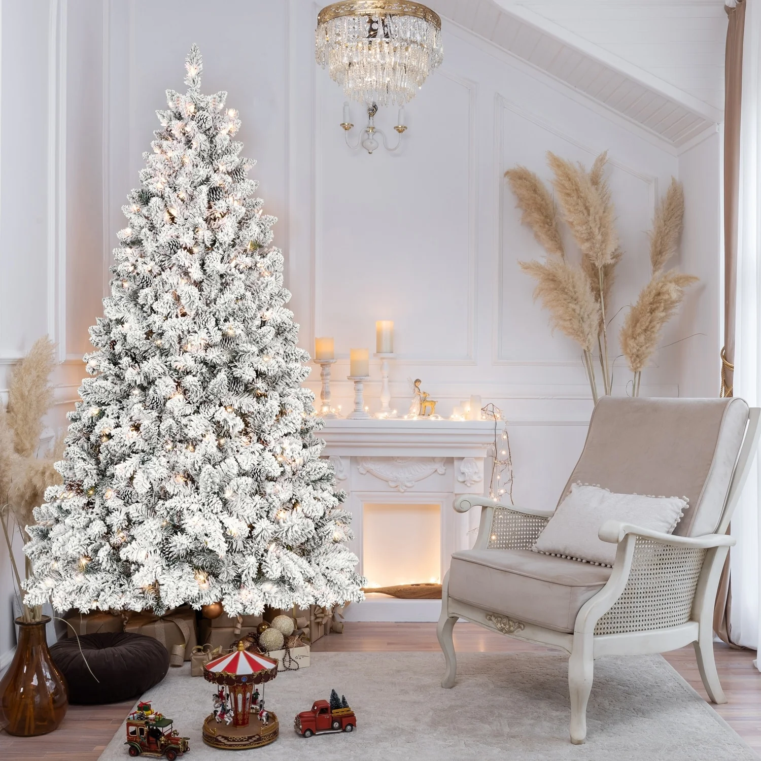 Snow-Flocked Christmas Tree with Pine Cones, Hinged Branches, Prelit, Metal Stand - 6ft to 9ft Sizes