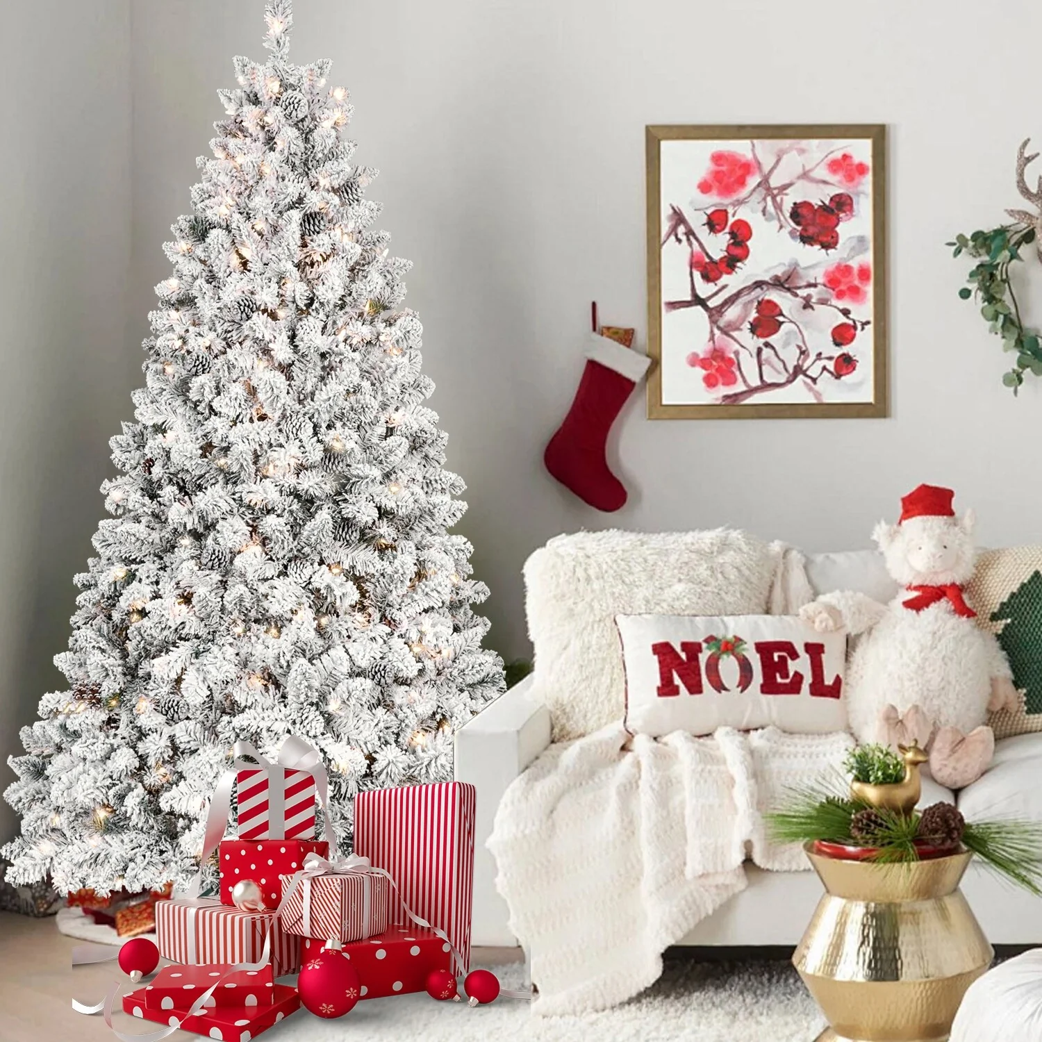 Prelit Snow-Flocked 6ft Christmas Tree with Pine Cones and Hinged Easy Assembly for Indoor Outdoor Holiday Decor Use