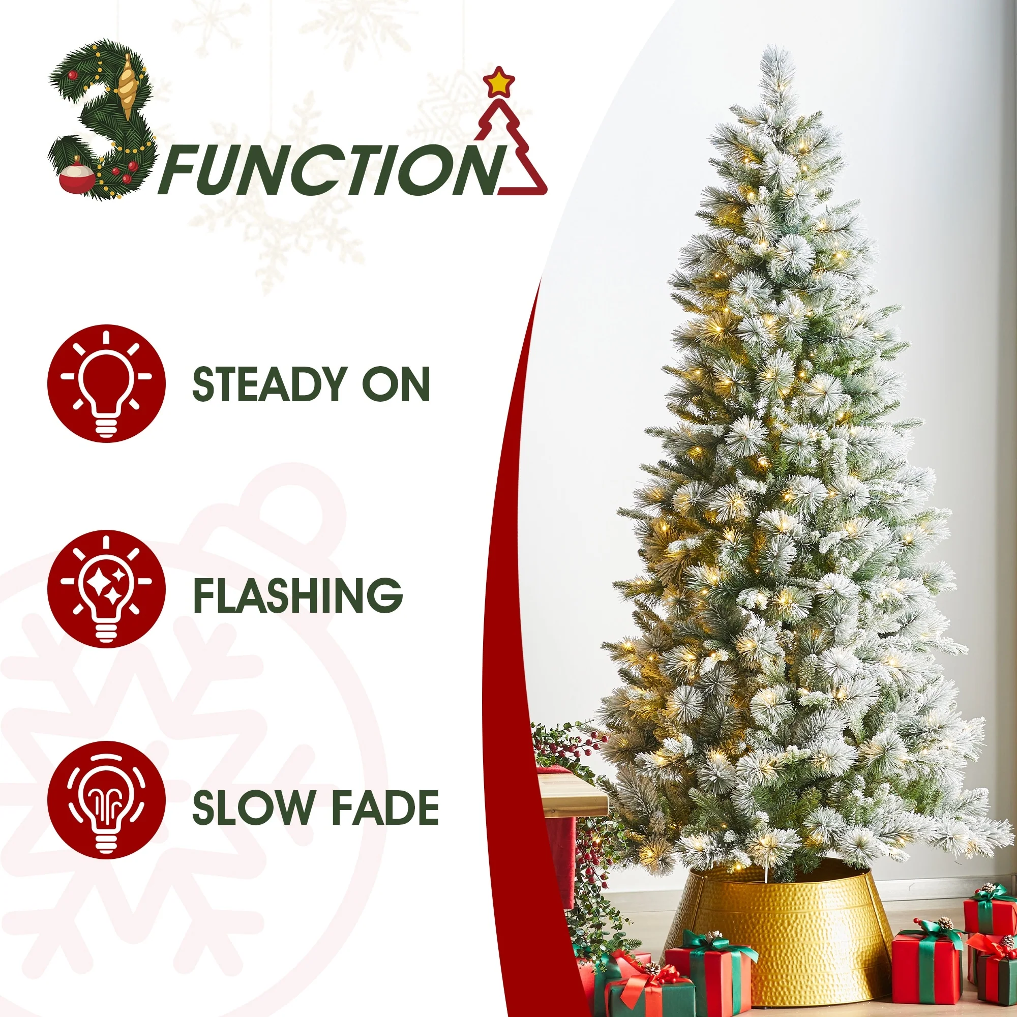 Glitzhome 7.5ft/9ft/11ft Pre-Lit Flocked Slim Pine Artificial Christmas Tree w/ Foot Pedal & Remote Control