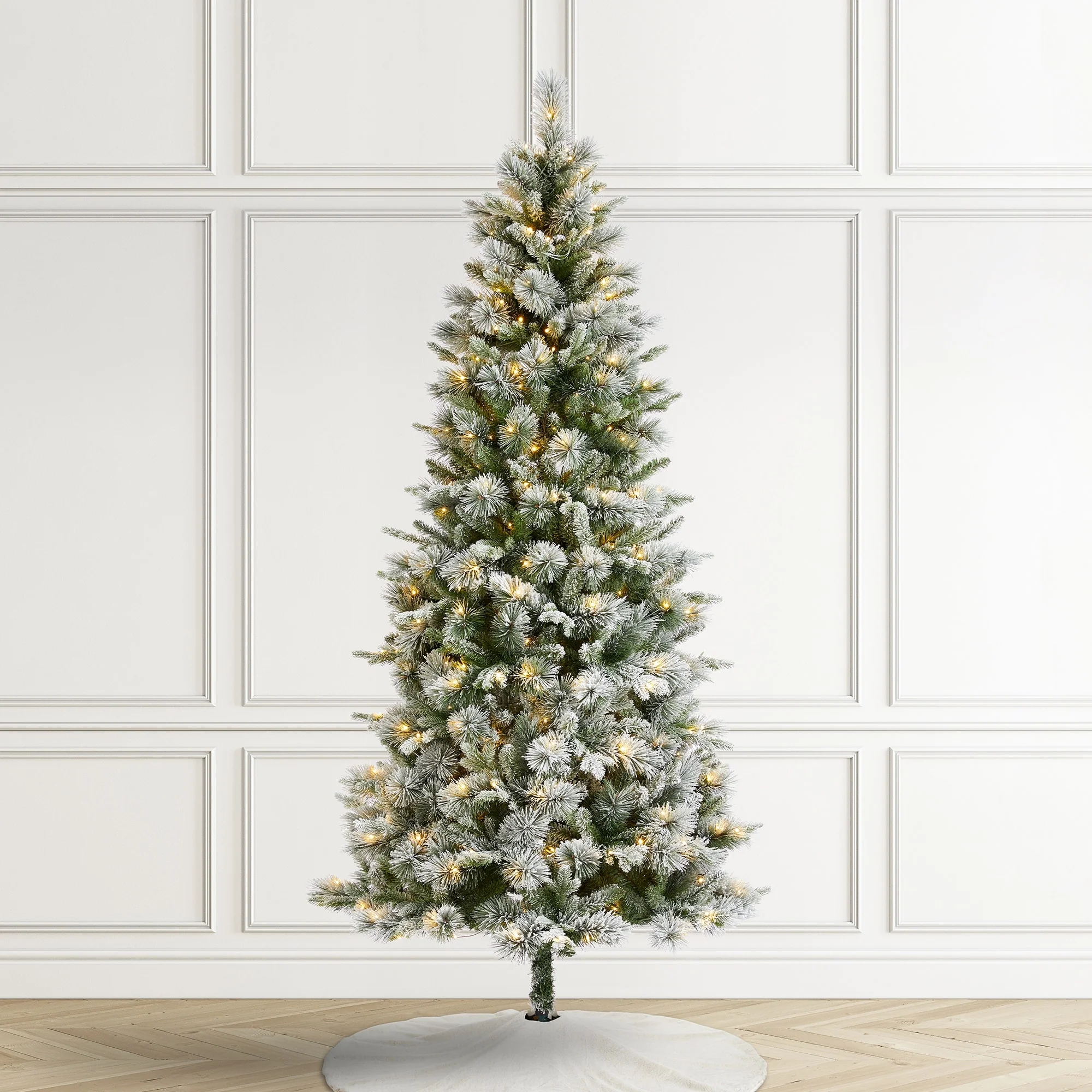 Glitzhome 7.5ft/9ft/11ft Pre-Lit Flocked Slim Pine Artificial Christmas Tree w/ Foot Pedal & Remote Control