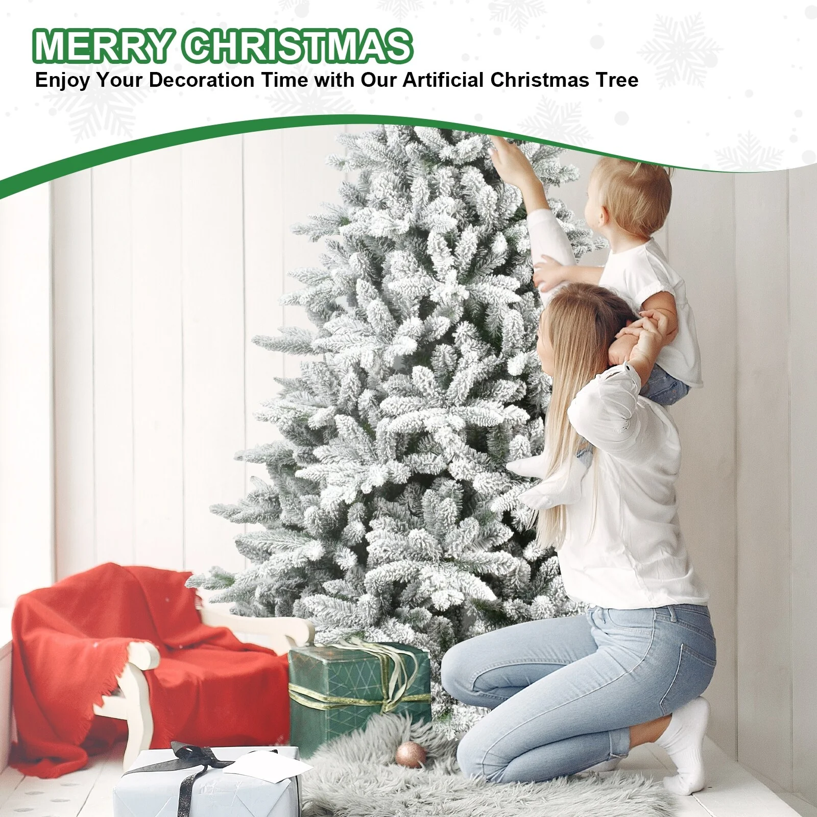 PE & PVC Flocked Christmas Tree, 5FT/6FT/7FT, Lifelike Tips, Easy Unfold Structure, Stable Base, Perfect Winter Decor