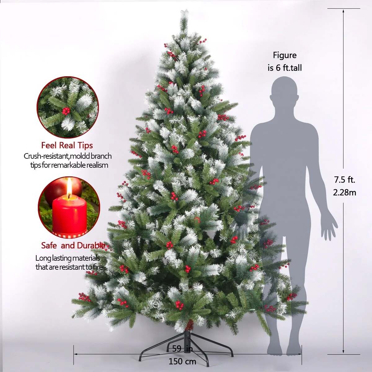 7.5FT Realistic Flocked Pine Artificial Christmas Tree with 1145 Tips, Pine Cones, Red Berries, and Foldable Metal Stand