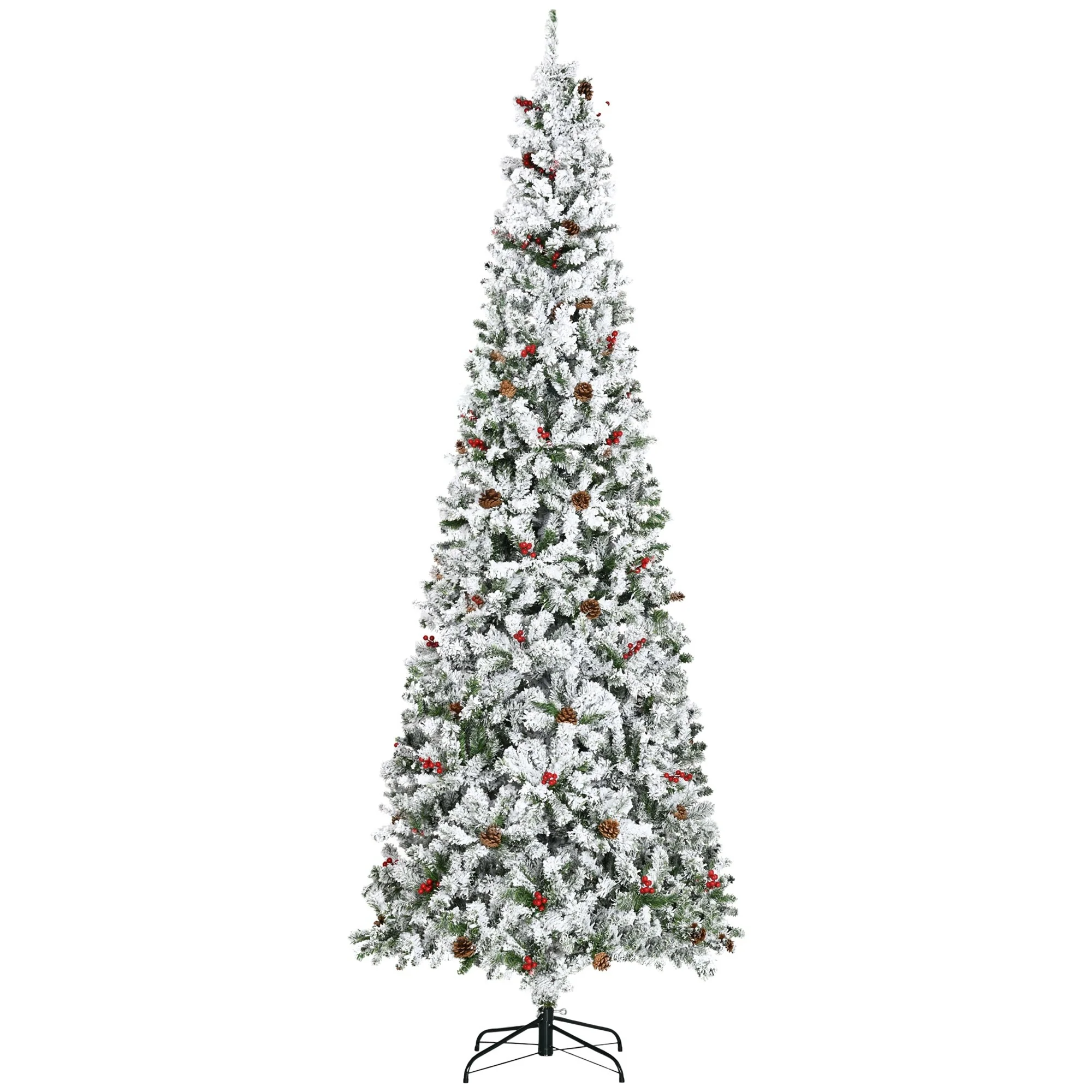 9' Pencil Snow Flocked Artificial Christmas Tree with Pine Realistic Branches, Pine Cones, Red Berries