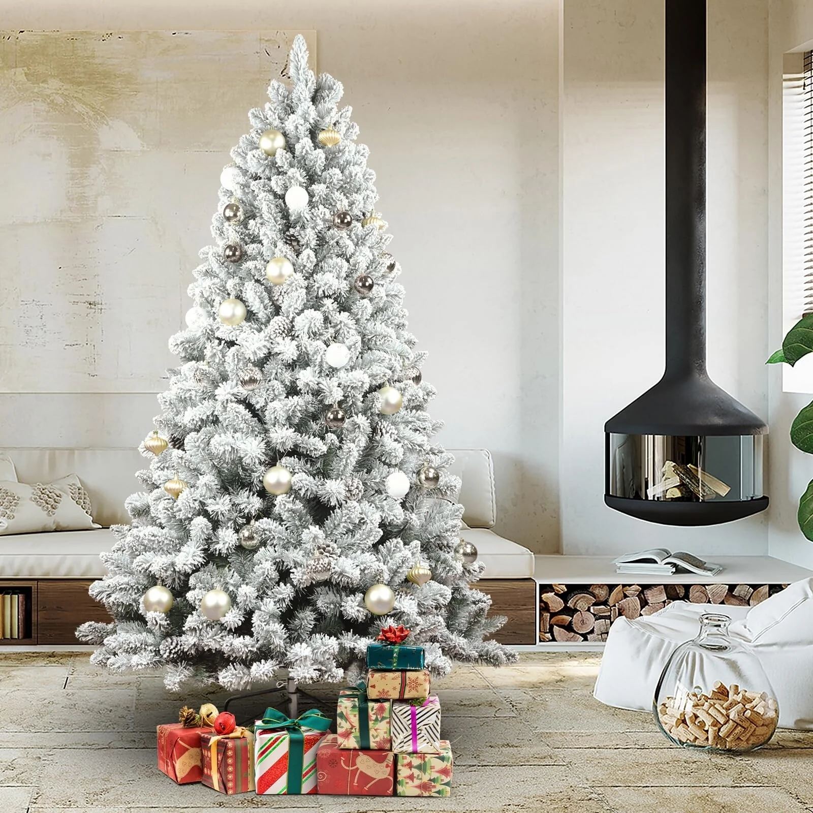 Snow-Flocked Christmas Tree with Pine Cones, Hinged Branches, Prelit, Metal Stand - 6ft to 9ft Sizes