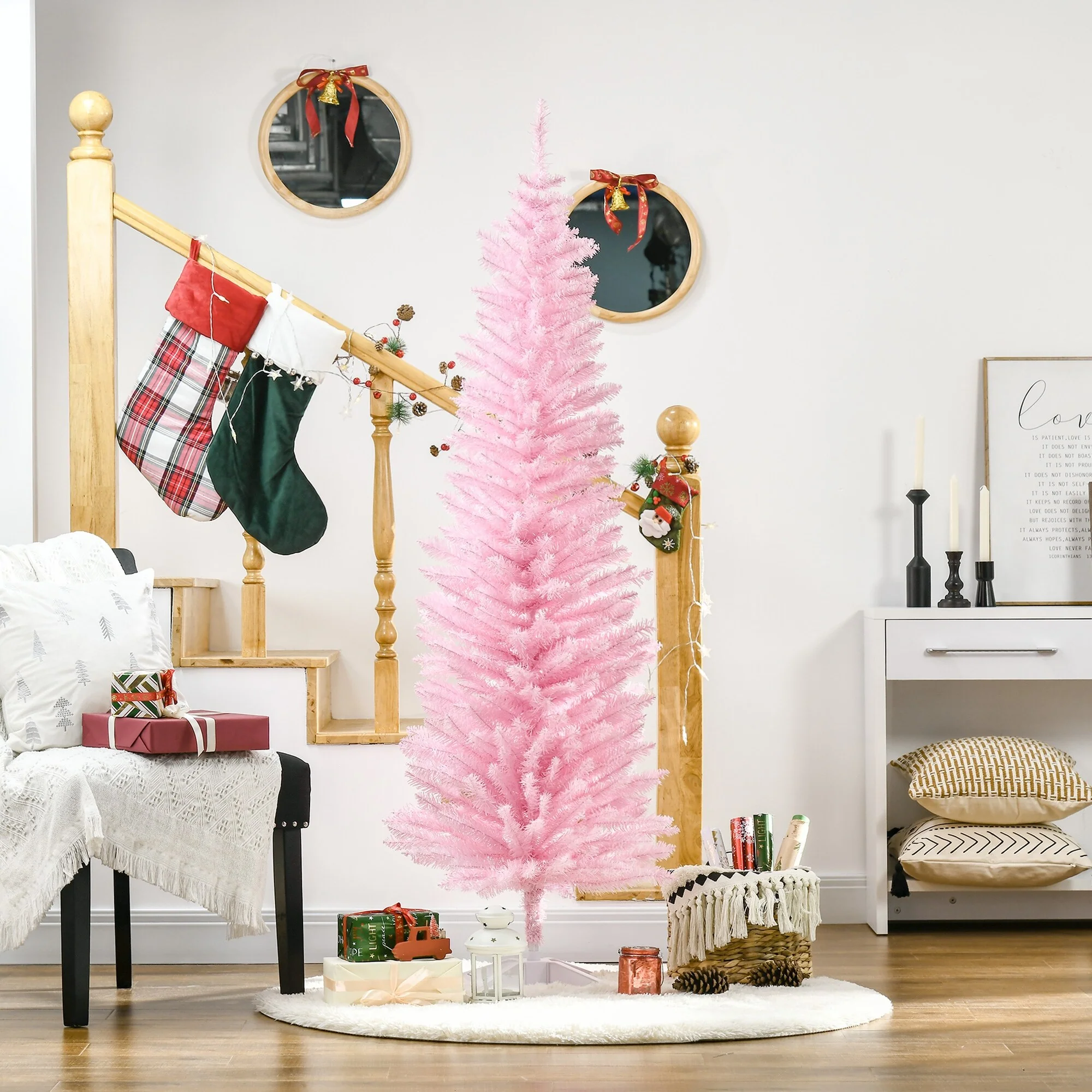 Snow-Flocked 6ft/5ft/7ft Pencil Christmas Tree, Slim Unlit Artificial Tree with Realistic Branches and Plastic Stand