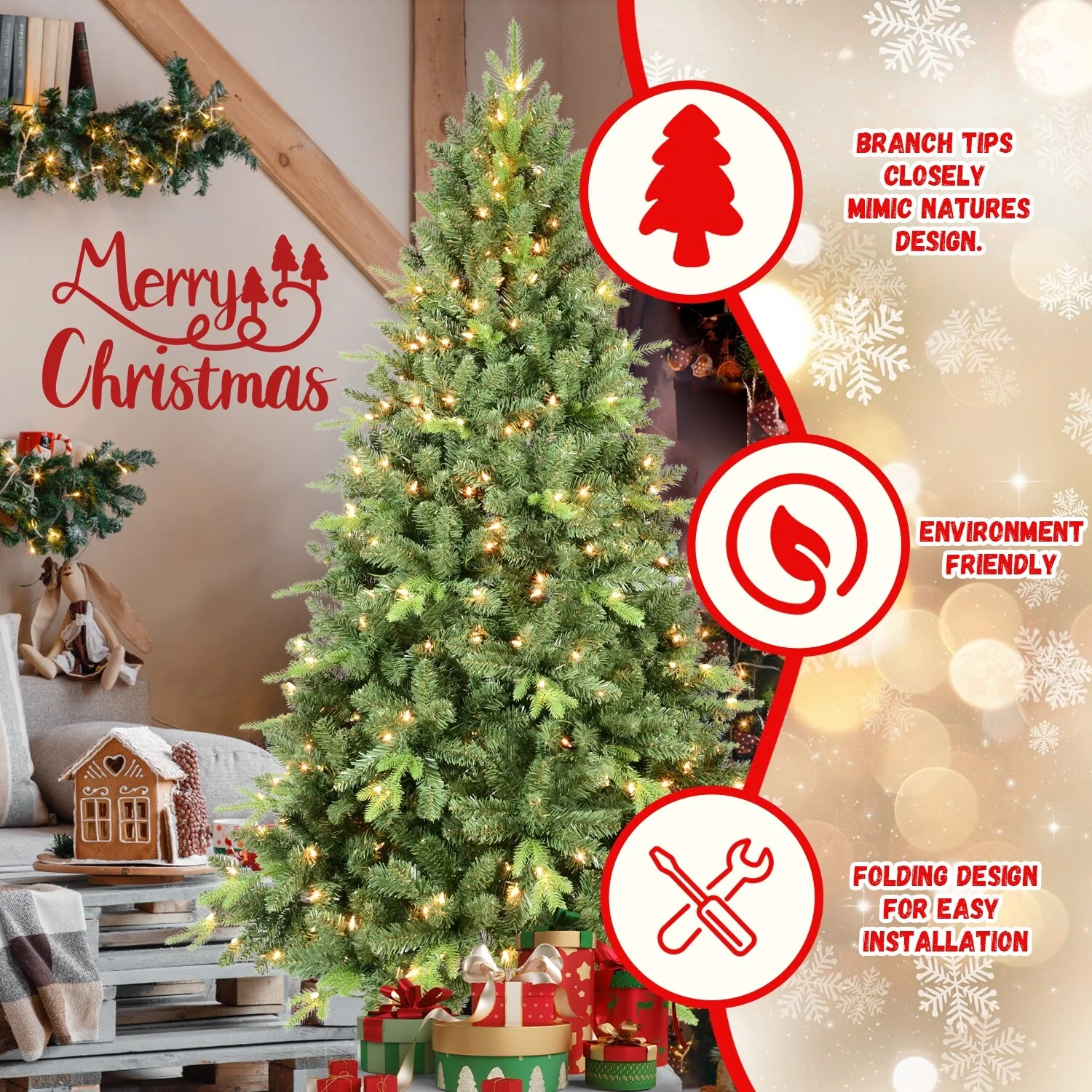 9FT Premium Artificial Christmas Tree, Prelit Hinged Spruce with 3,509 Tips, Metal Stand, and Easy Assembly