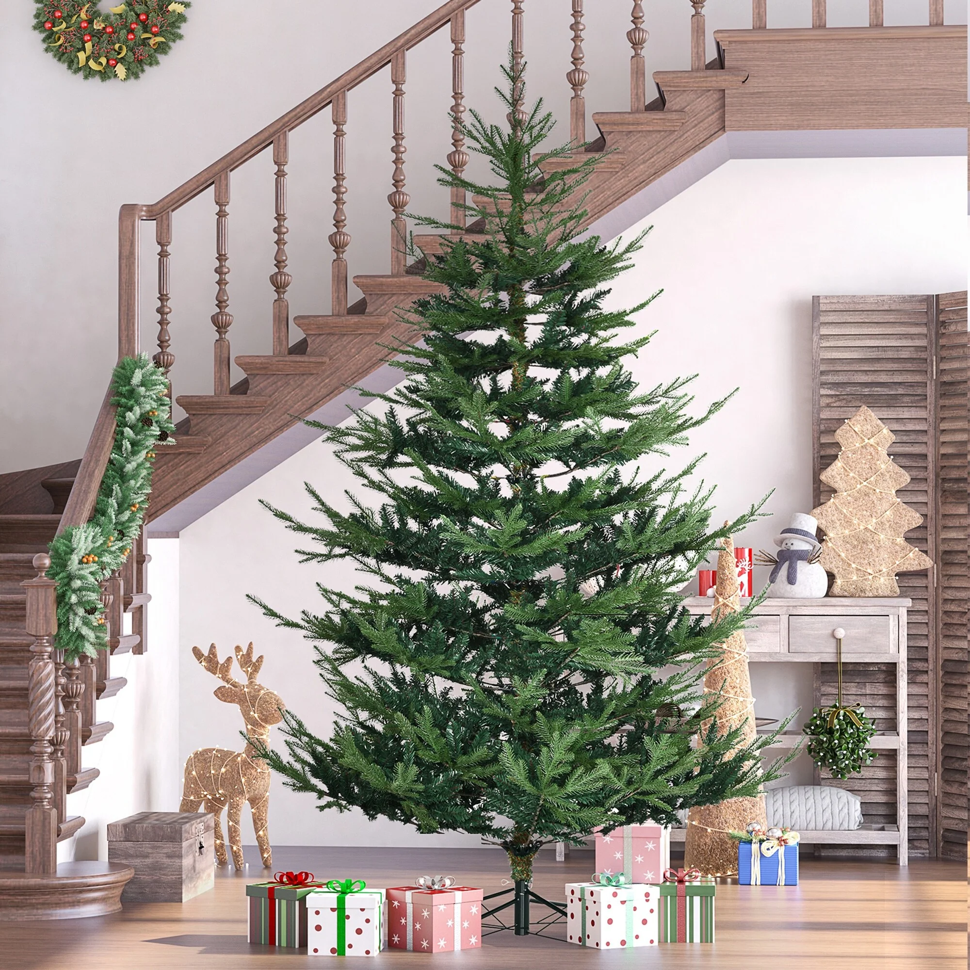 Unlit 6/7.5/9 Ft Pine Artificial Christmas Tree, Hinged Branches, Realistic Look with Steel Base, Auto Open Setup