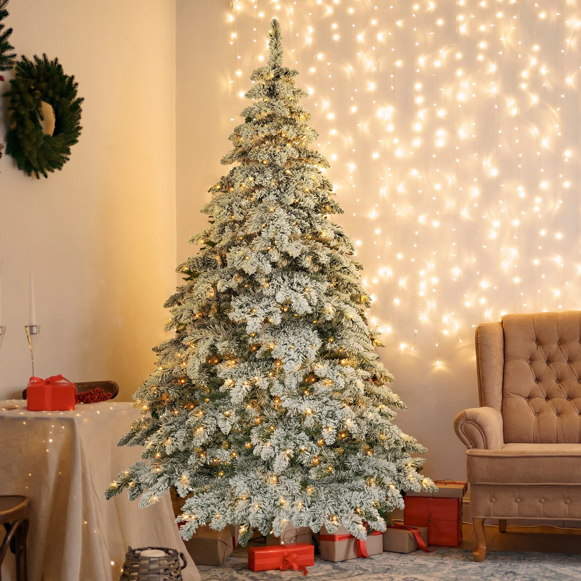 Flocked 7.5ft Christmas Tree with 400 LED Lights and 1050 Bendable Branches