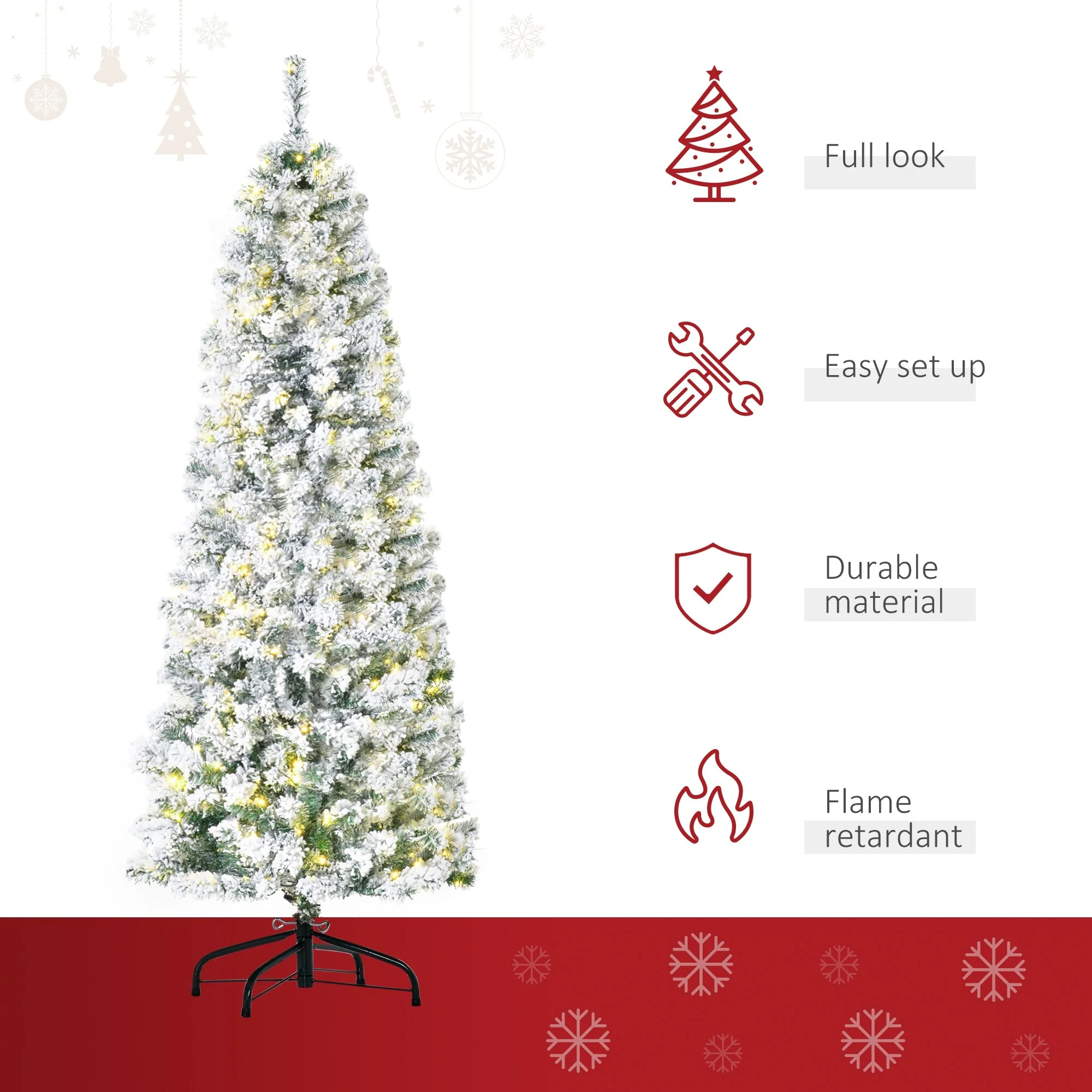 Slim Pre-Lit Snow-Flocked Douglas Fir Christmas Tree with Warm White LED Lights and Tips - 6ft/7.5ft/9ft Options