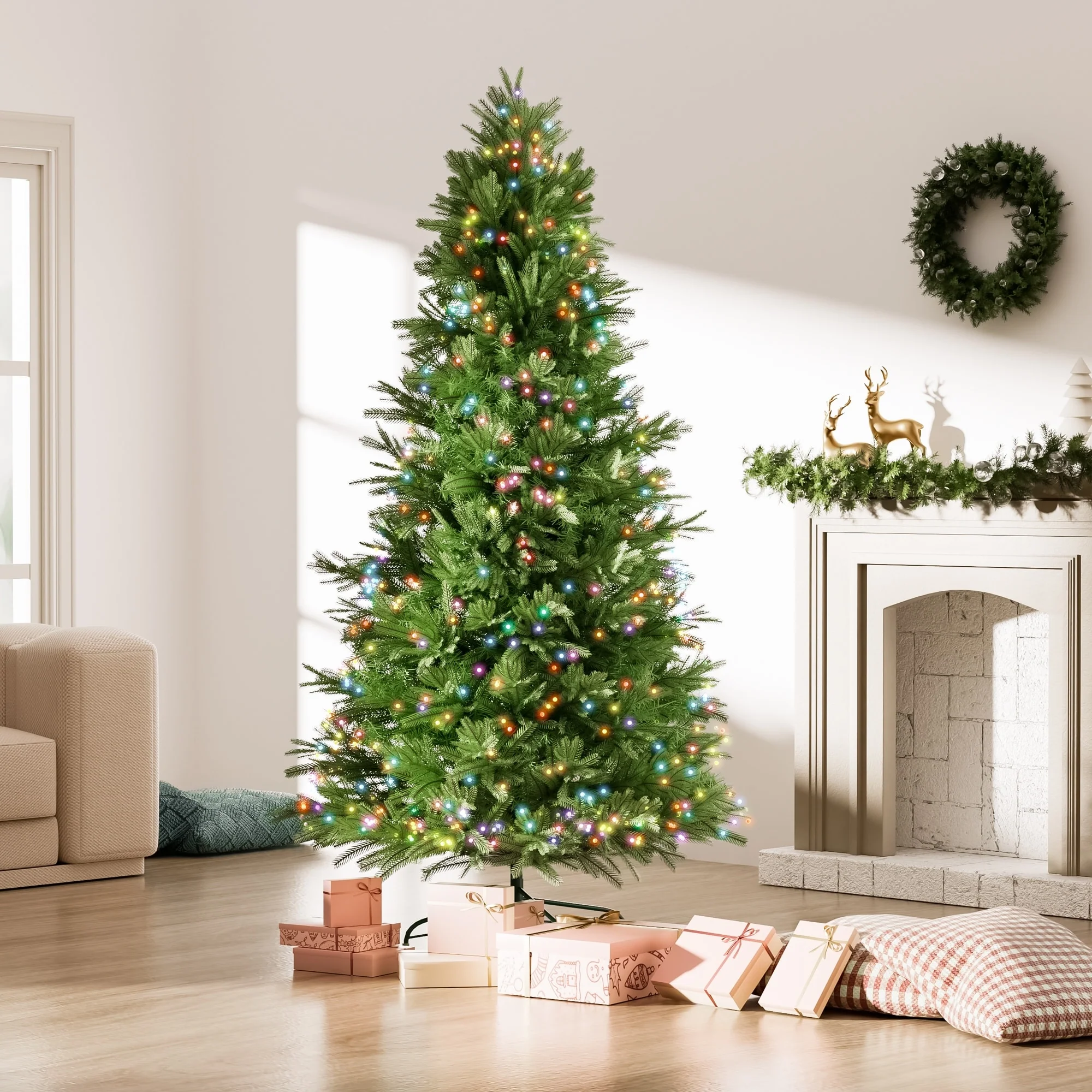Artificial Everett Balsam Christmas Tree 6.5ft & 7.5ft with Pre-lit Bi-Colour LED Lights, Easy Assembly, Indoor Décor
