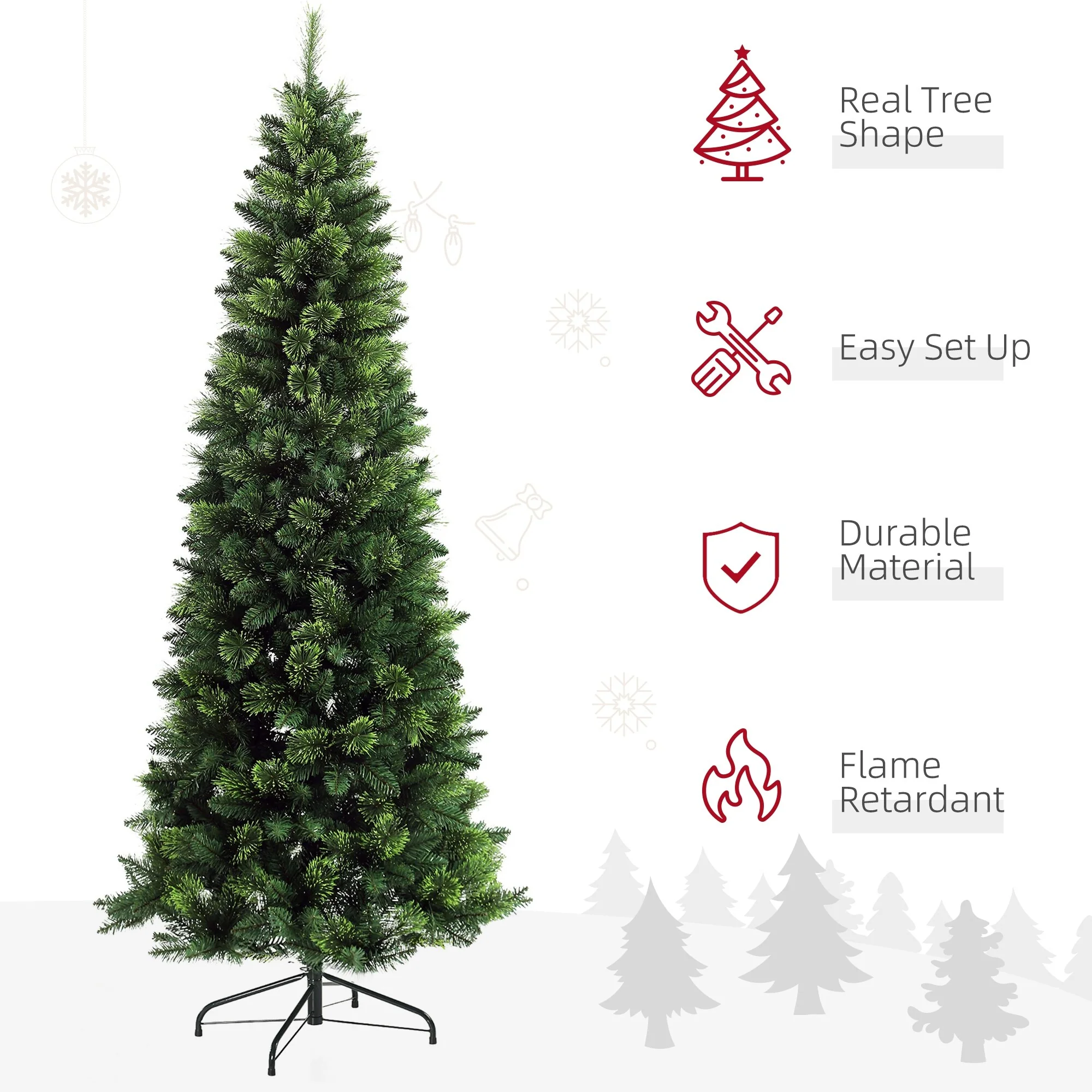 7.5ft Pencil Artificial Christmas Tree, Unlit, Auto Open with 1075 Realistic Pine Branch Tips, Steel Base Included