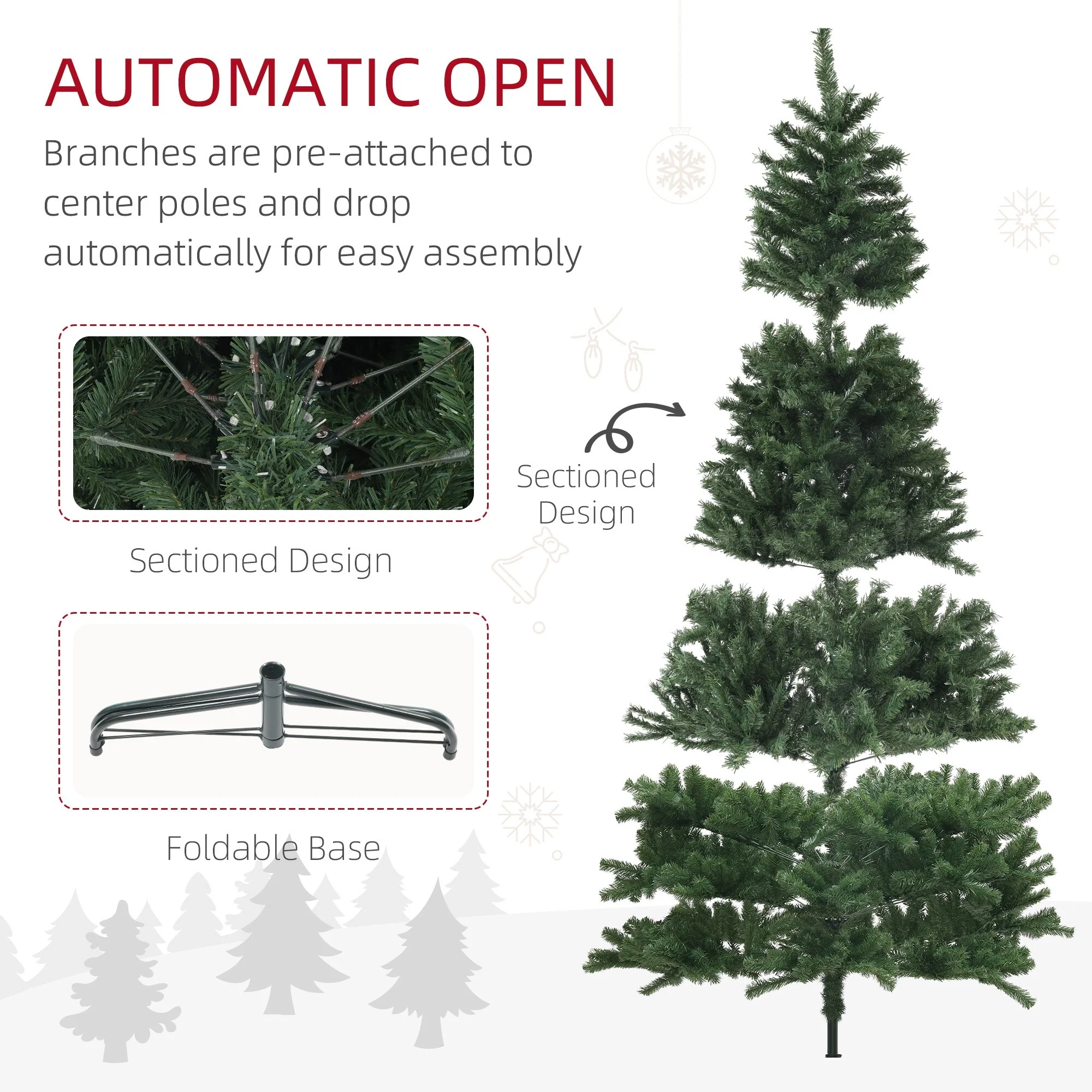 Unlit 6ft/7.5ft/9ft Artificial Christmas Tree, Auto Open Xmas Tree with 1000-2132 Branch Tips & Sturdy Steel Stand