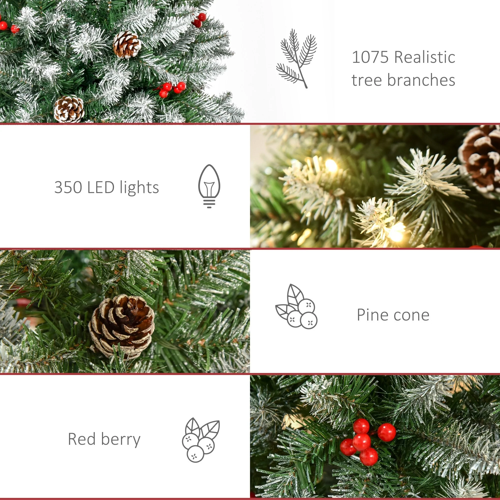 Realistic Snow-Flocked Artificial Christmas Tree,Pre-Lit with LED Lights,Pine Cones & Red Berries,Available in 6ft, 7.5ft & 9ft