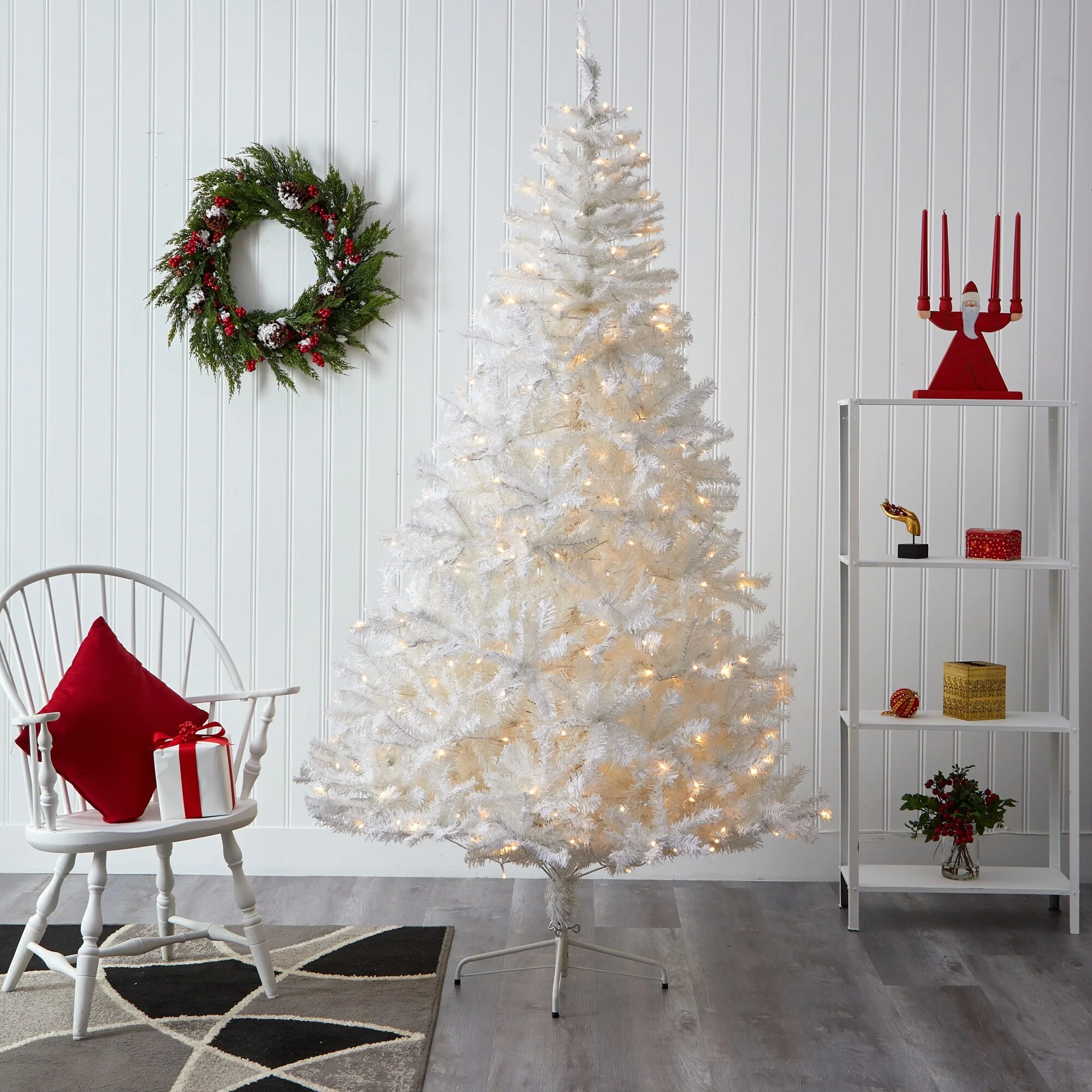 7.5' Pre-Lit Snow White Artificial Christmas Tree, Warm Clear LED Lights - 7.5 Foot