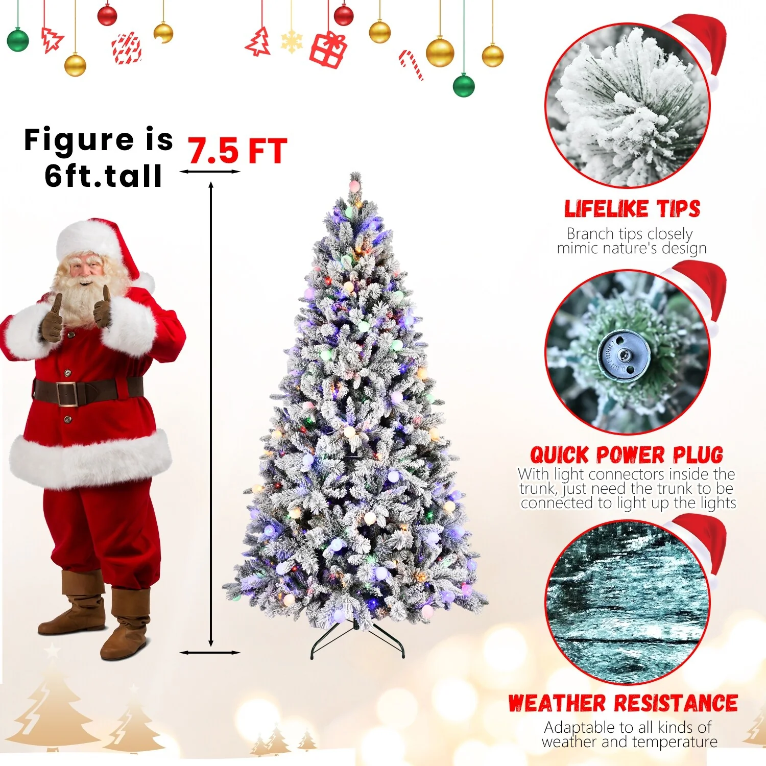 8ft Artificial Snow-Flocked Christmas Tree with LED Lights, Memory Wire, and Easy Power Setup