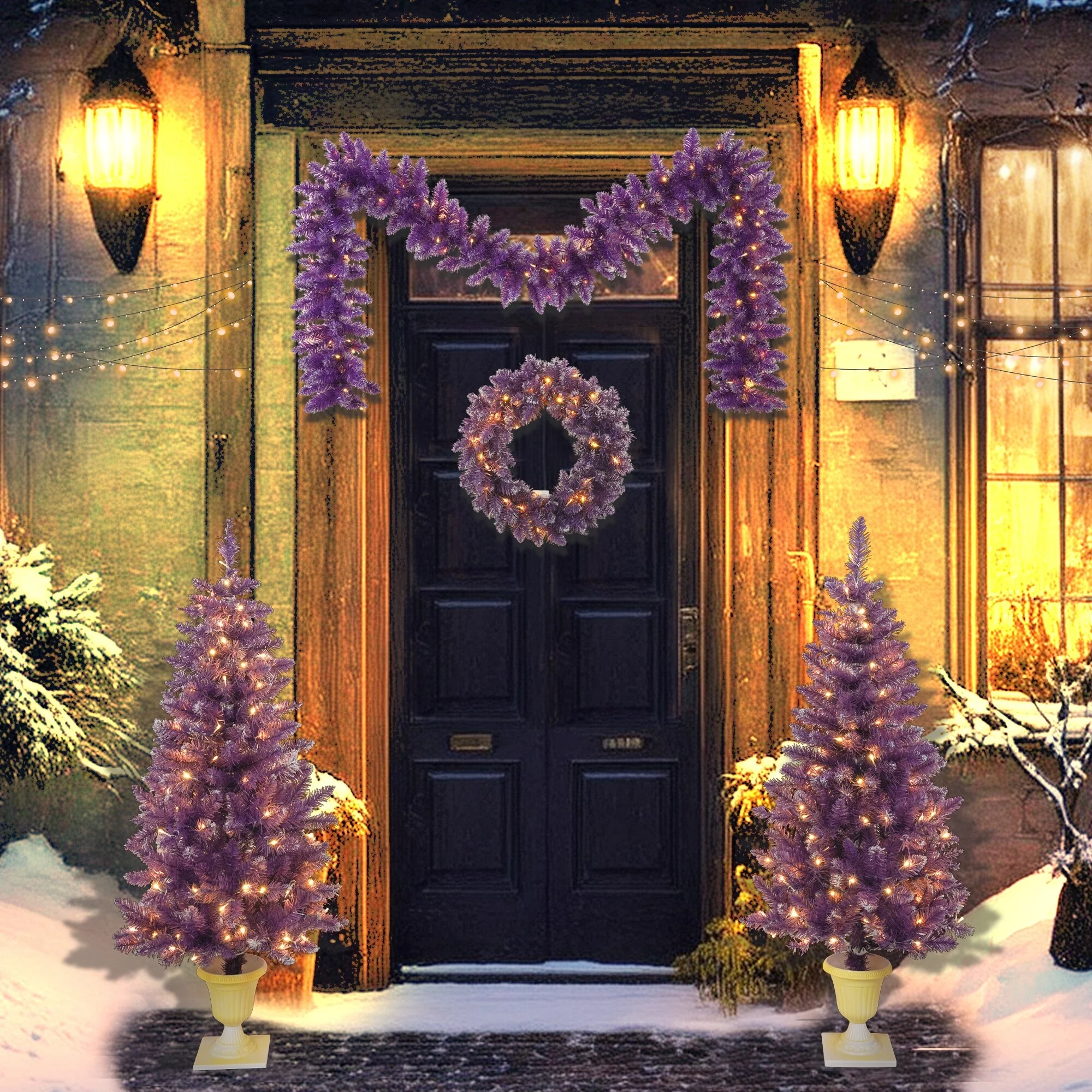 Purple Artificial Christmas Tree Set, 4-Piece with LED Lights, Wreath, Garland & Entryway Trees for Office/Home