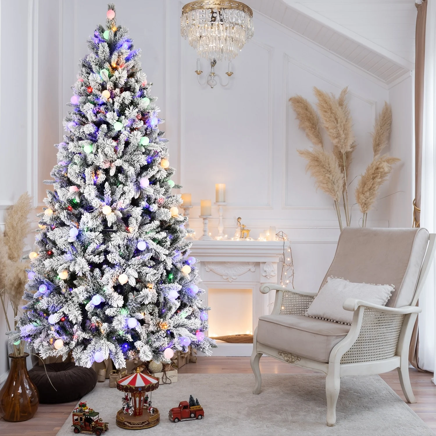 8ft Artificial Snow-Flocked Christmas Tree with LED Lights, Memory Wire, and Easy Power Setup