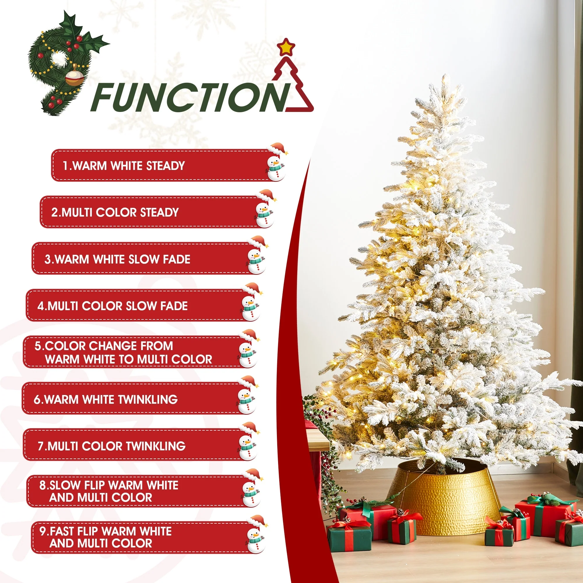 Glitzhome 7.5ft/9ft Pre-Lit Flocked Full Fir Artificial Christmas Trees with Foot Pedal