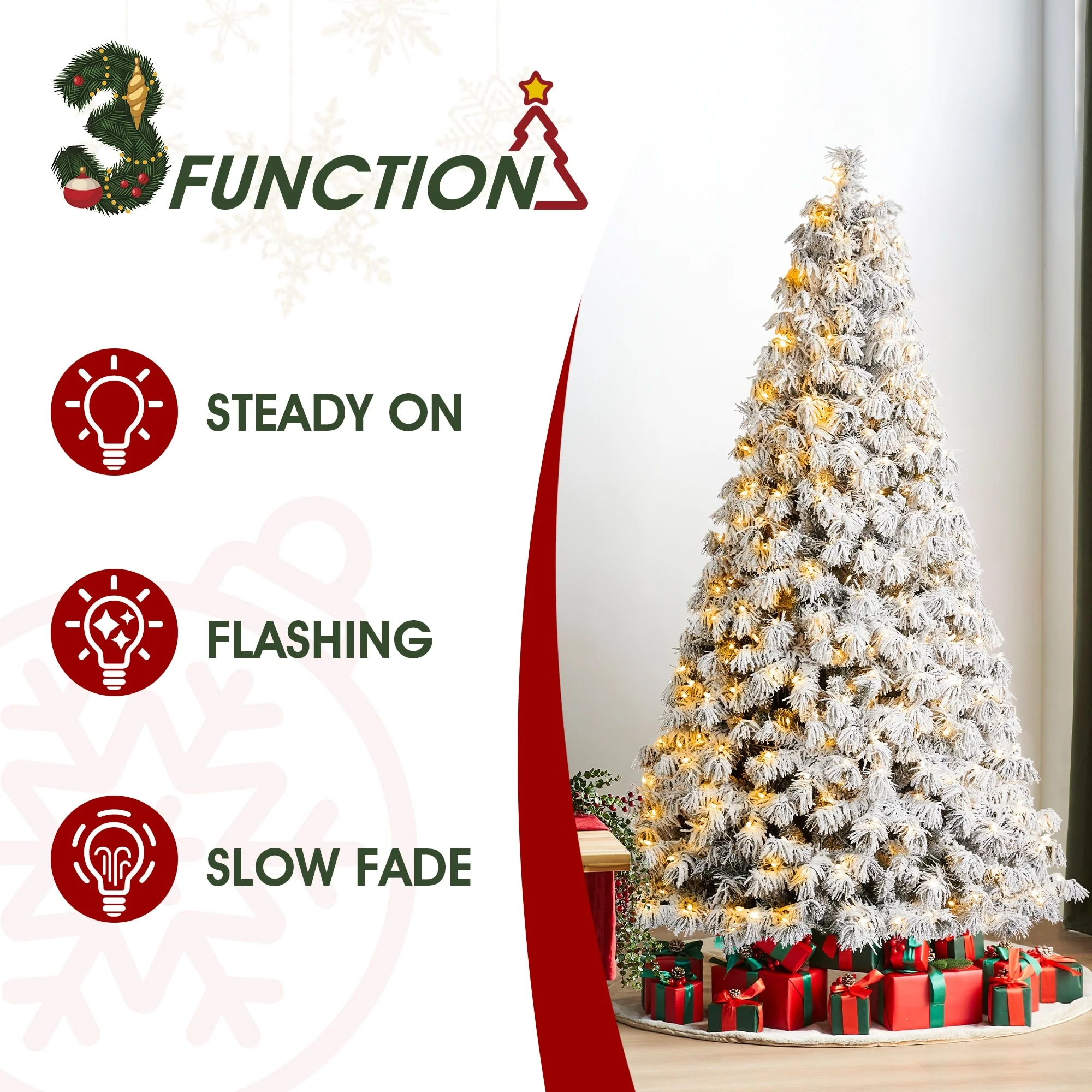 Glitzhome 7.5ft/9ft Pre-Lit Flocked Full Spruce Artificial Christmas Tree with C3 Lights Foot Switch