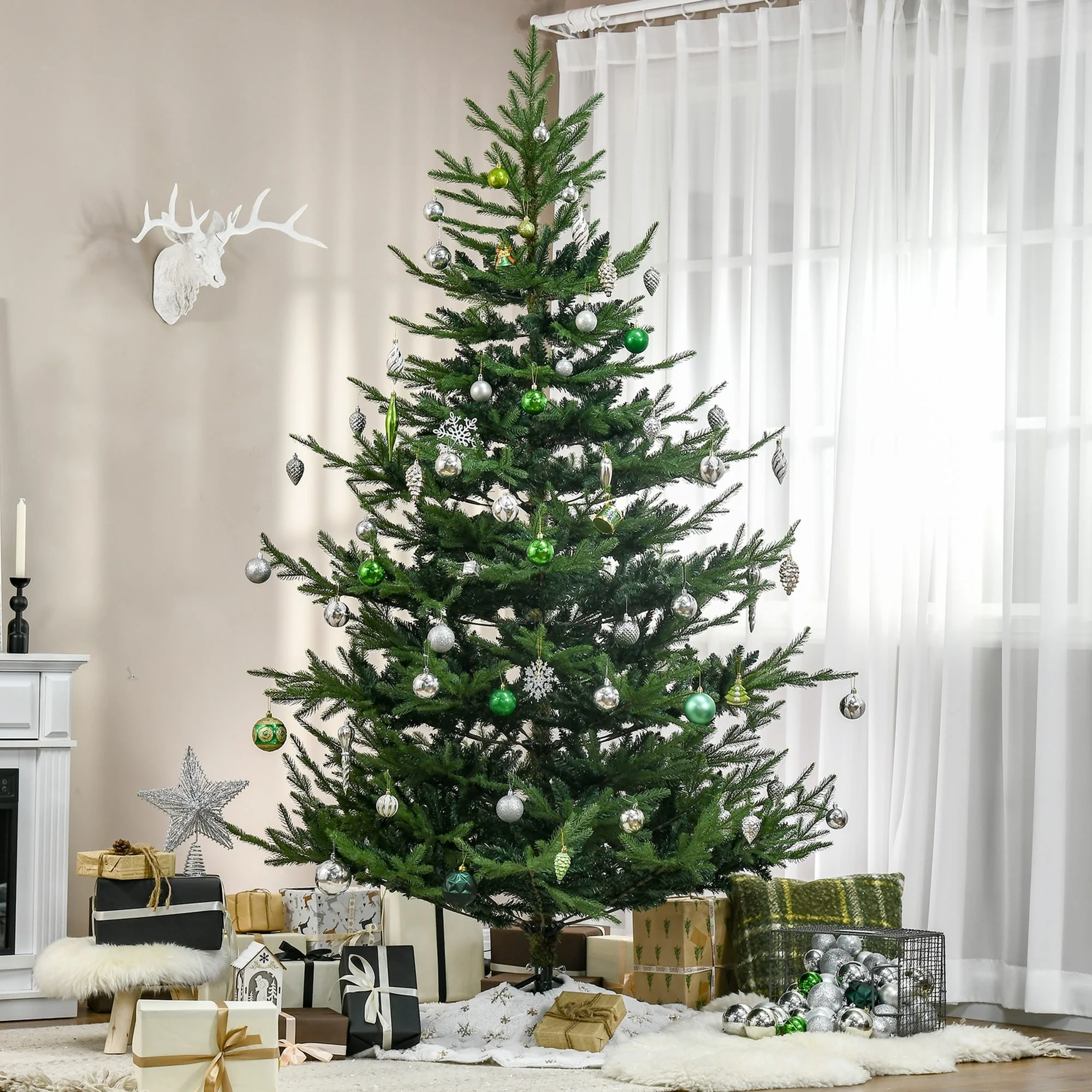 Unlit 6/7.5/9 Ft Pine Artificial Christmas Tree, Hinged Branches, Realistic Look with Steel Base, Auto Open Setup