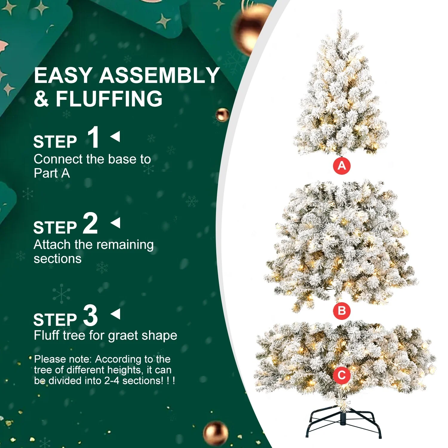Snow-Flocked Pre-Lit Christmas Tree with Memory Wire Tips and 300-400 Warm Lights, Easy Setup for Indoor Holiday Display