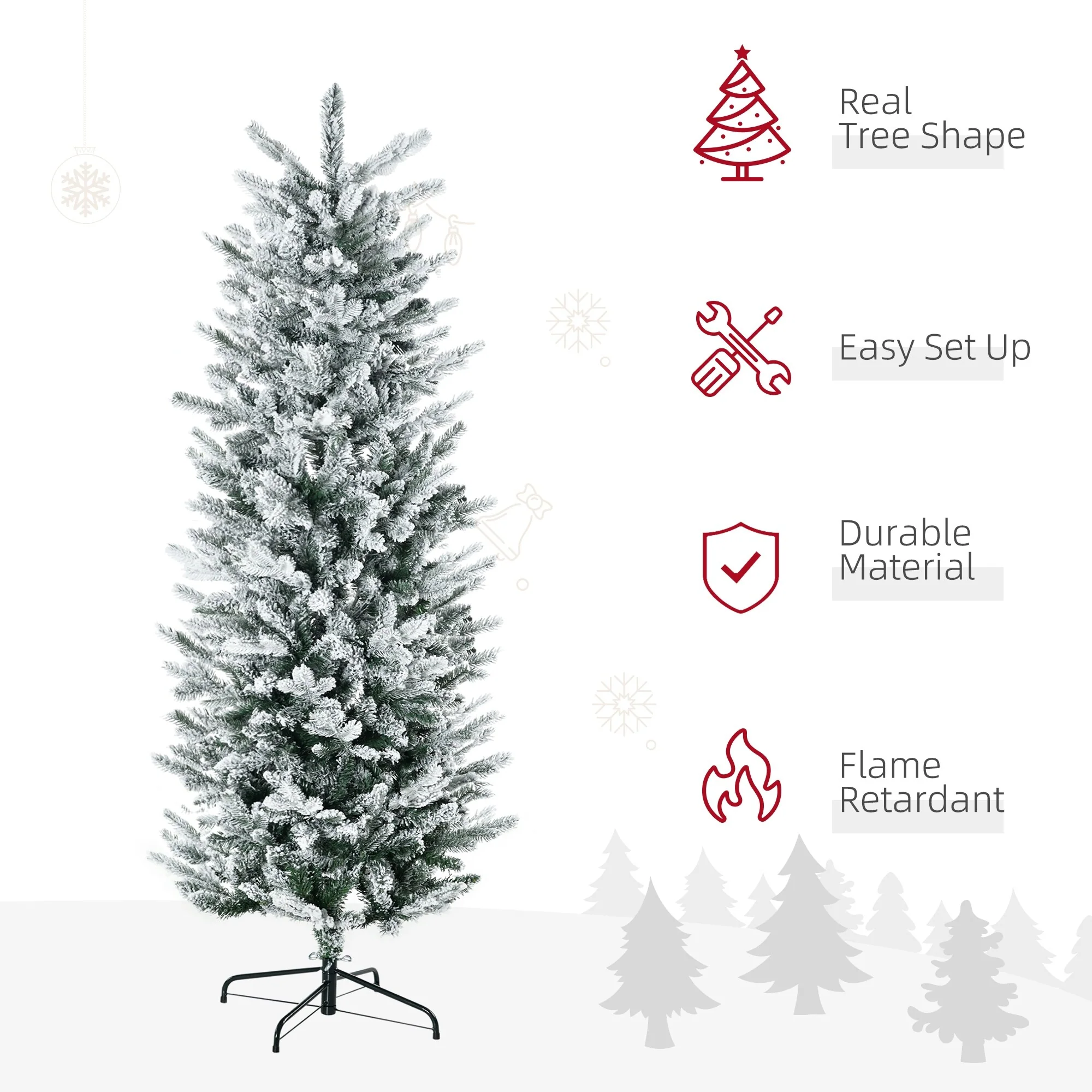 Unlit 6ft Snow-Flocked Pencil Artificial Christmas Tree with Auto-Open Design, Ideal Holiday Decoration