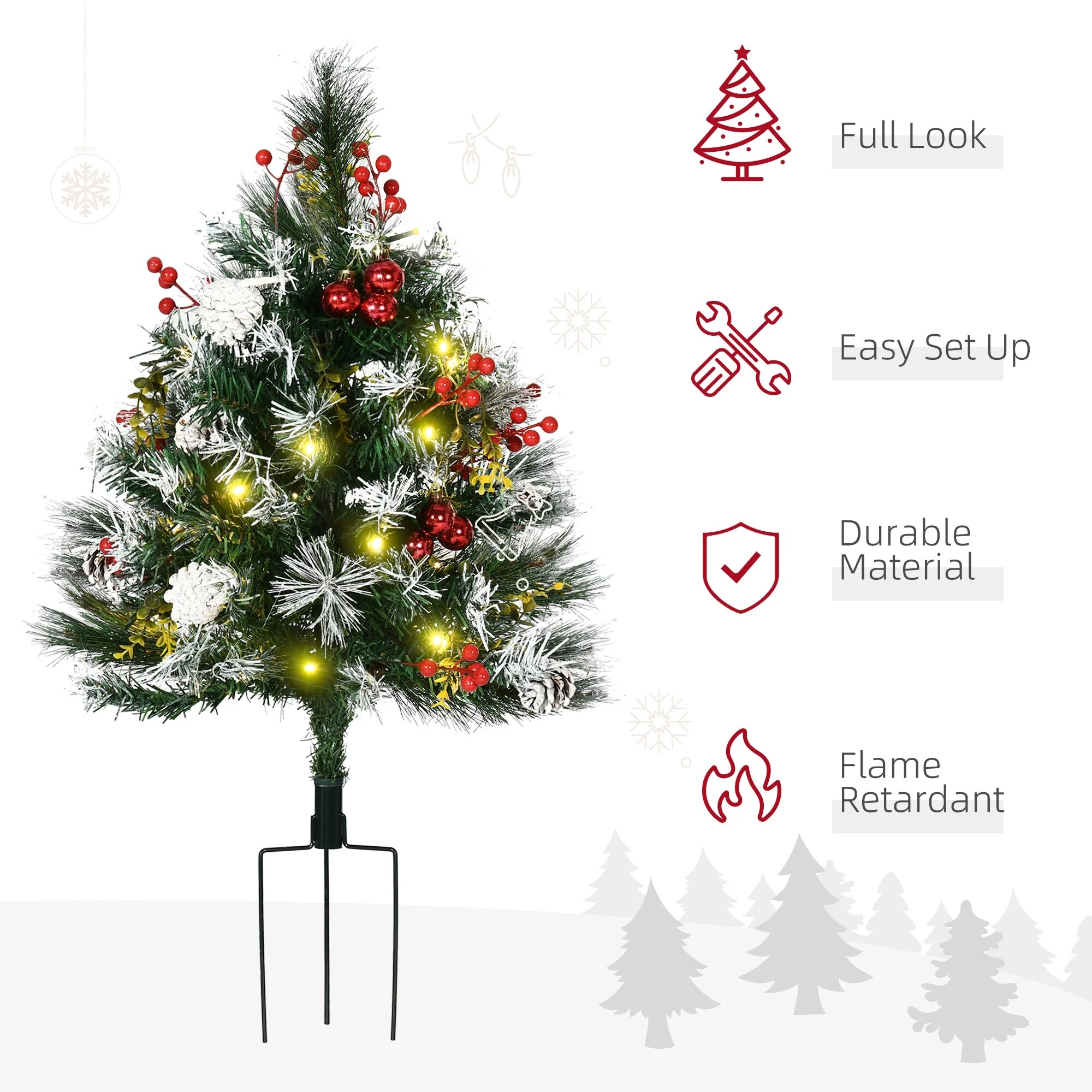 Outdoor 2.5 Ft Artificial Christmas Trees, Pre-Lit 2-Pack with 24 LED Lights, Red Berries, Pinecones & Snow-Dipped Branches