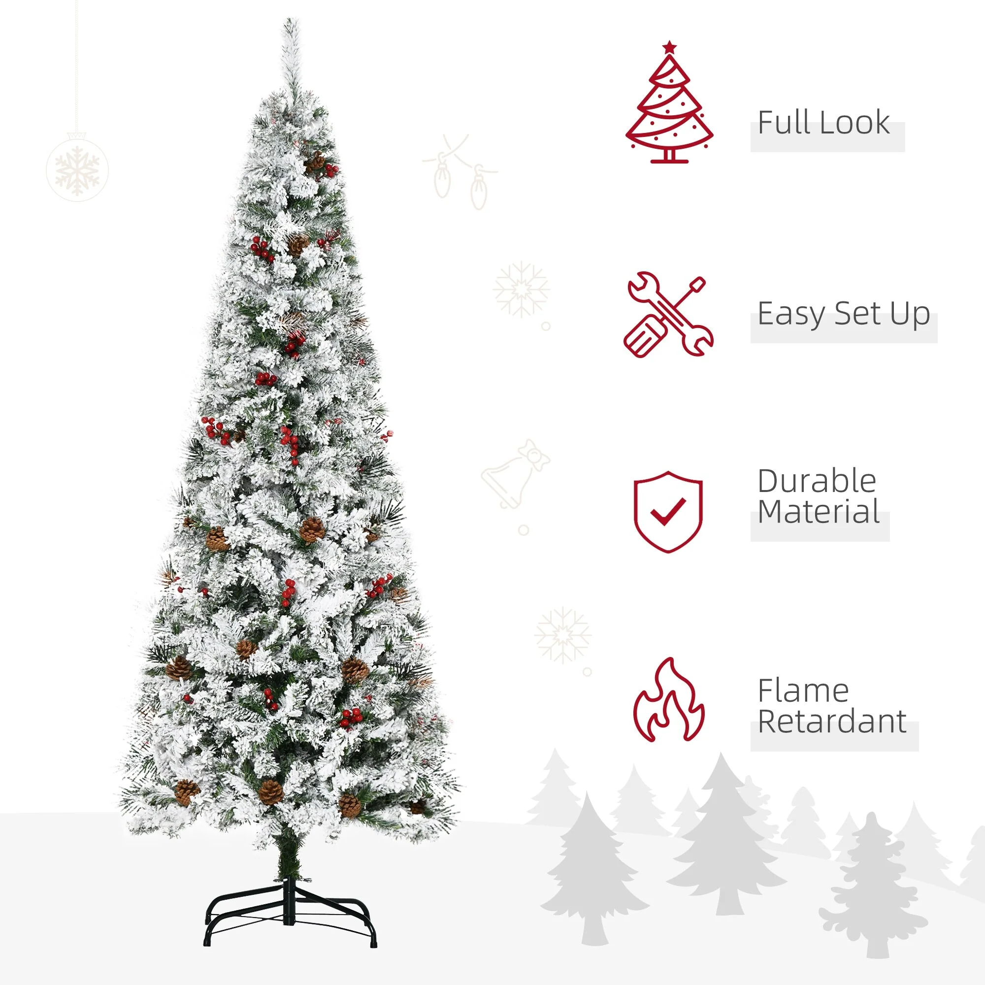 Unlit 6ft/7.5ft Snow-Flocked Pencil Christmas Tree, Pine with Realistic Branches, Pine Cones, and Red Berries