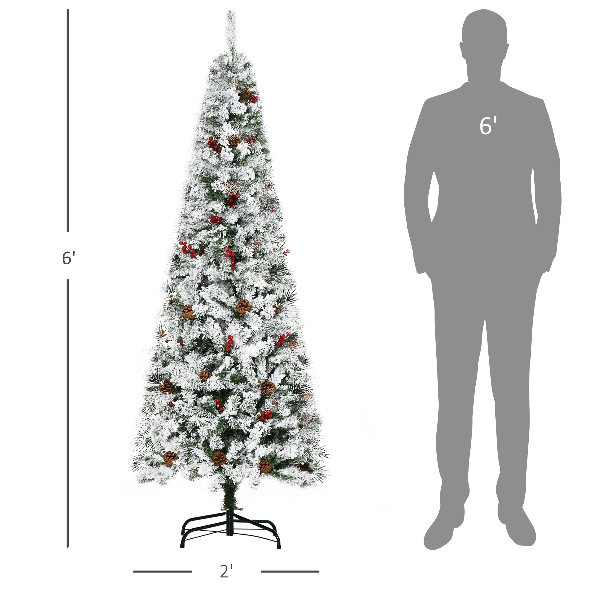Unlit 6ft/7.5ft Snow-Flocked Pencil Christmas Tree, Pine with Realistic Branches, Pine Cones, and Red Berries