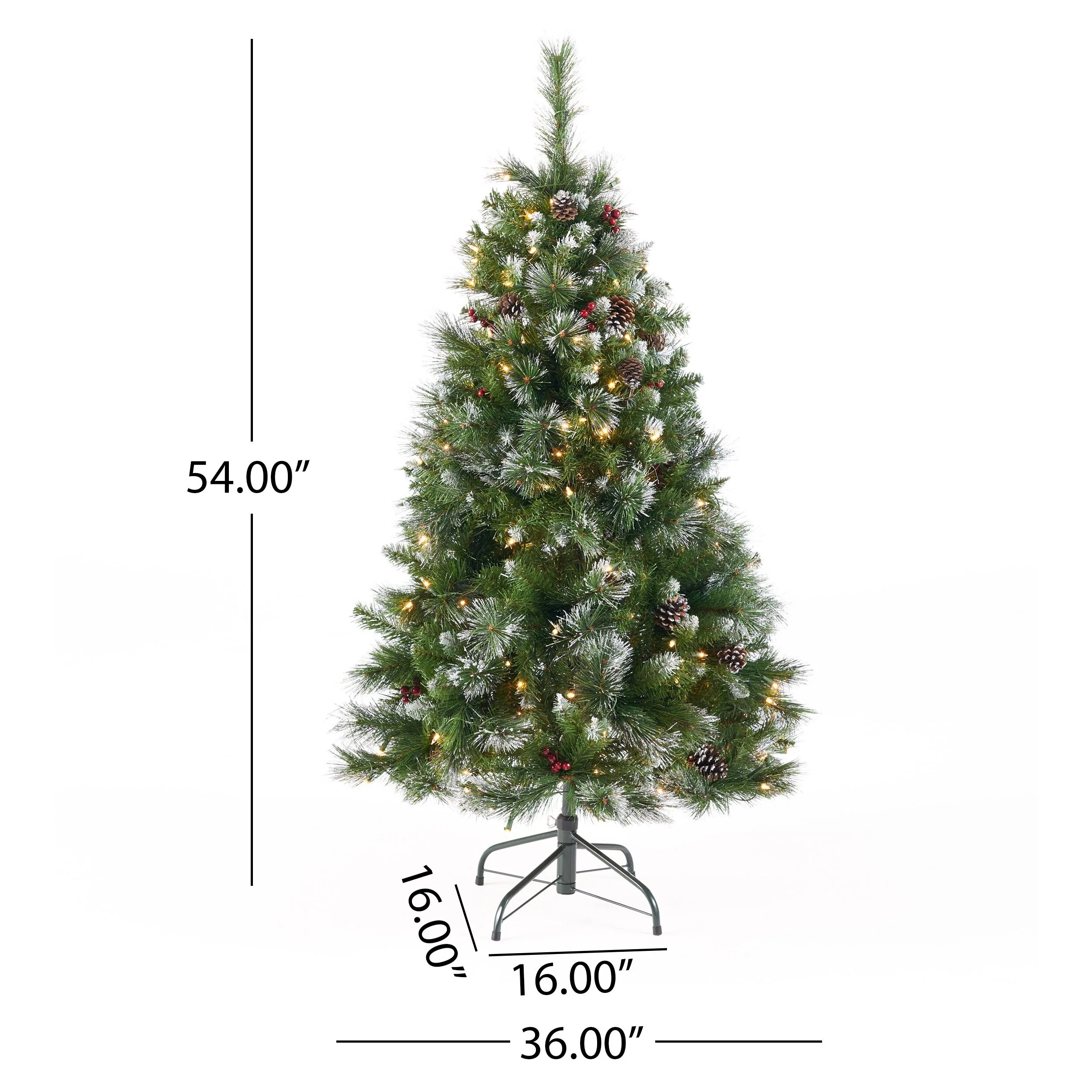 4.5FT Pre-Lit Glitter Bristle Christmas Tree with Pine Cones, Red Berries & 200 Clear Lights, Hinged for Easy Assembly