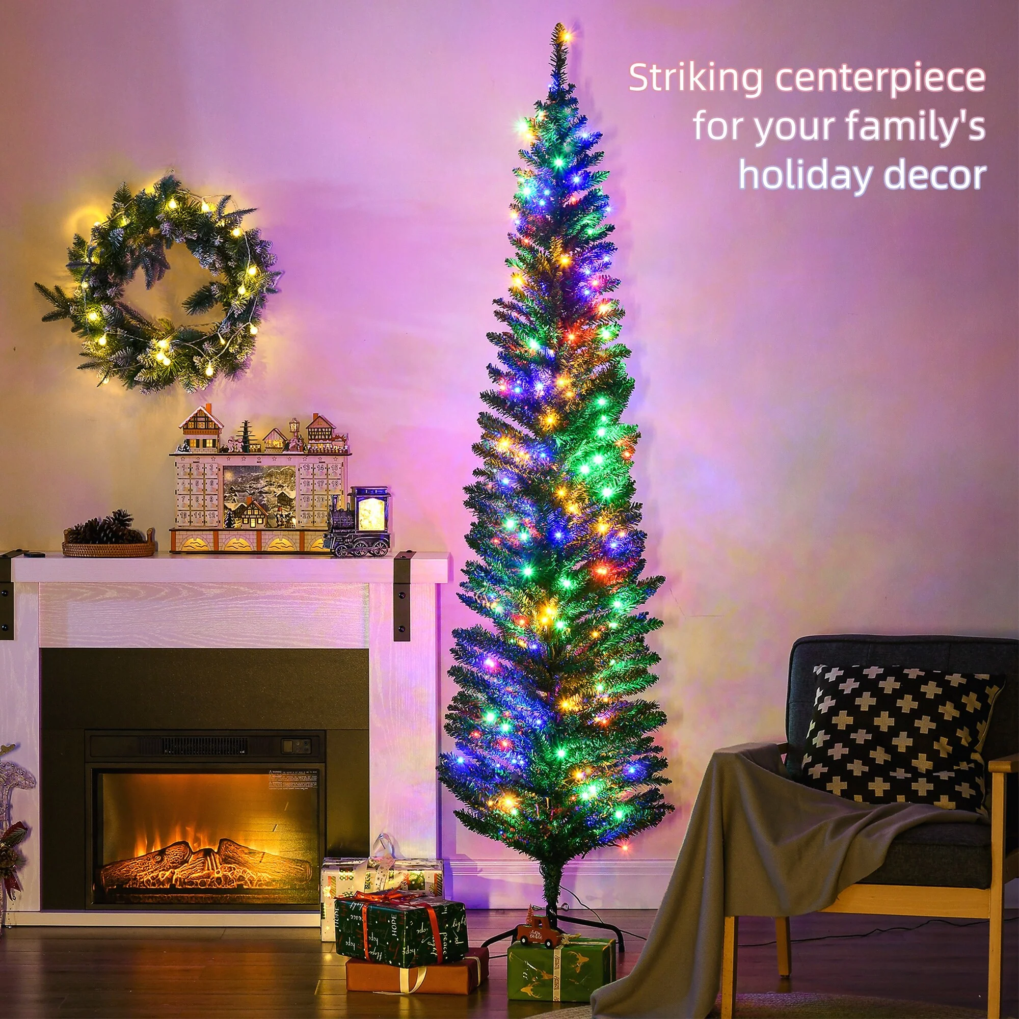 7ft Prelit Pencil Christmas Tree with 180 LED Lights, Slim Profile and Realistic Look