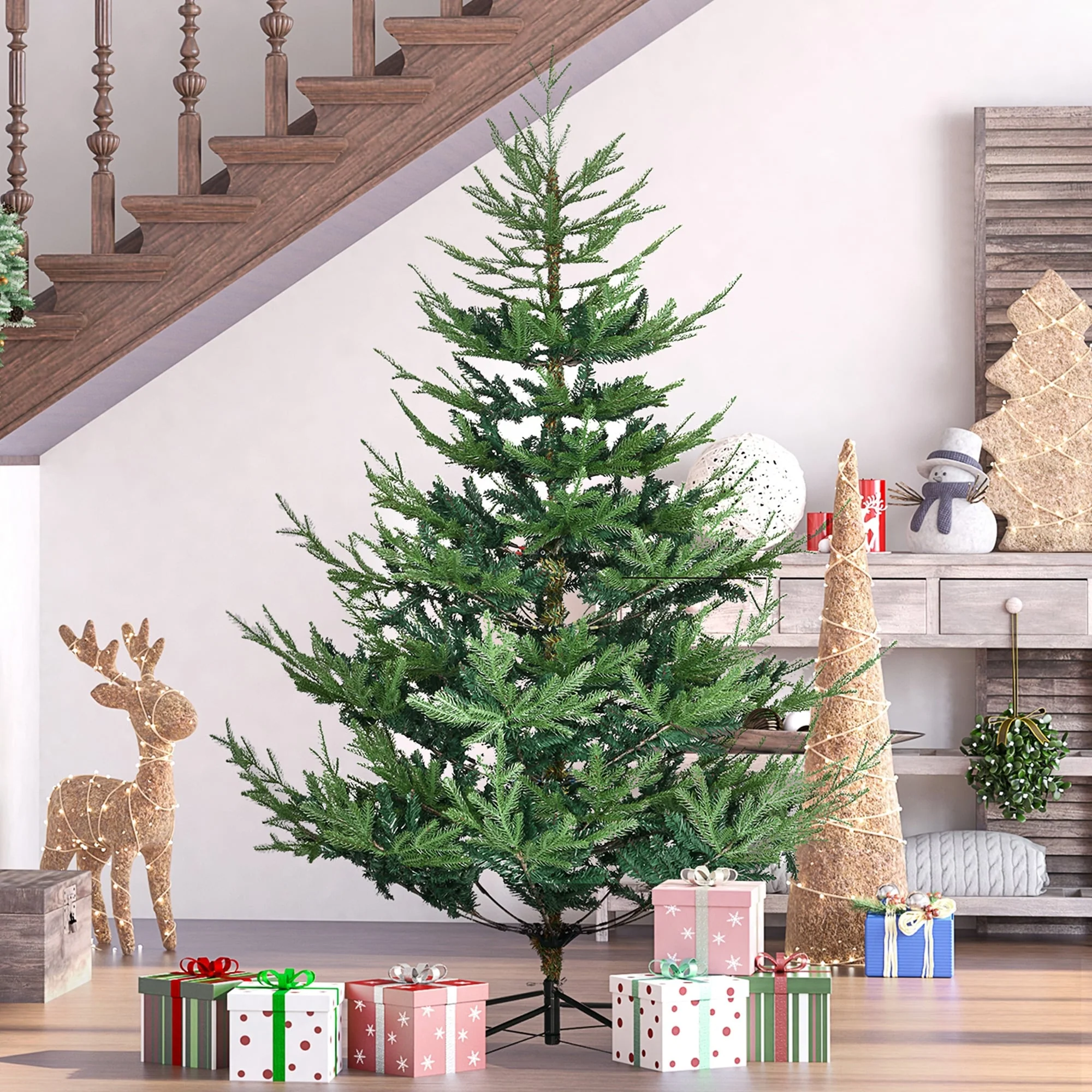 Unlit 6/7.5/9 Ft Pine Artificial Christmas Tree, Hinged Branches, Realistic Look with Steel Base, Auto Open Setup