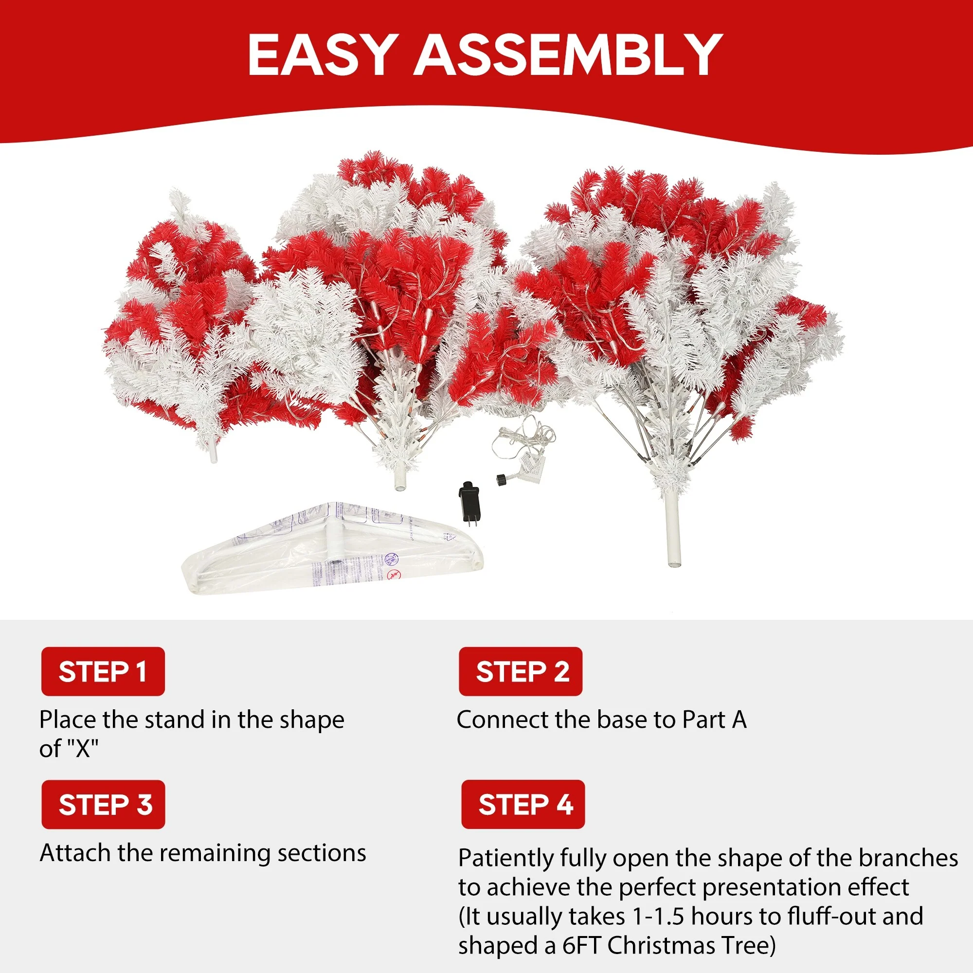 6ft Artificial Candy Cane Christmas Tree with 300 LED Lights, Red & White Theme, 900 Branch Tips