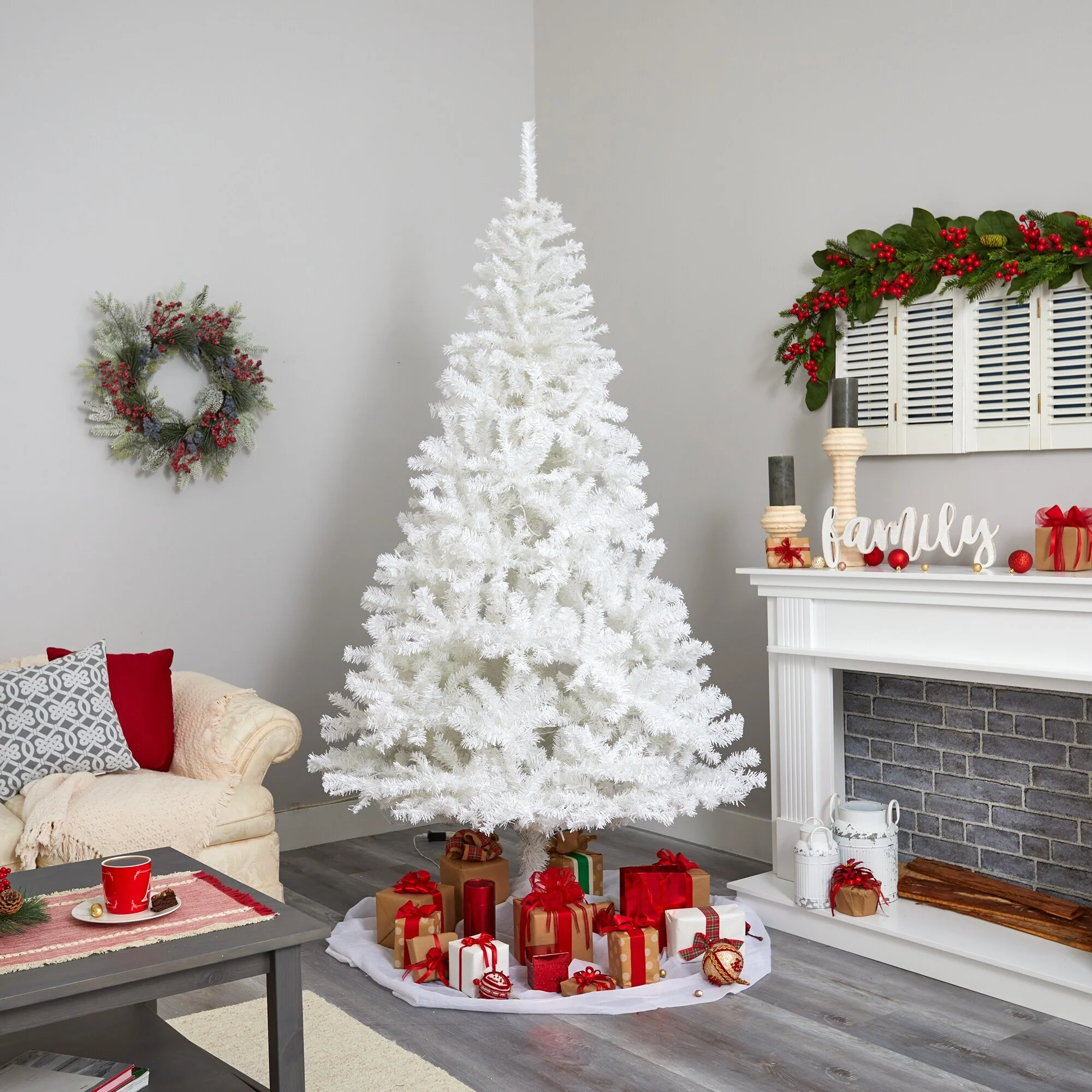 7.5' Pre-Lit Snow White Artificial Christmas Tree, Warm Clear LED Lights - 7.5 Foot