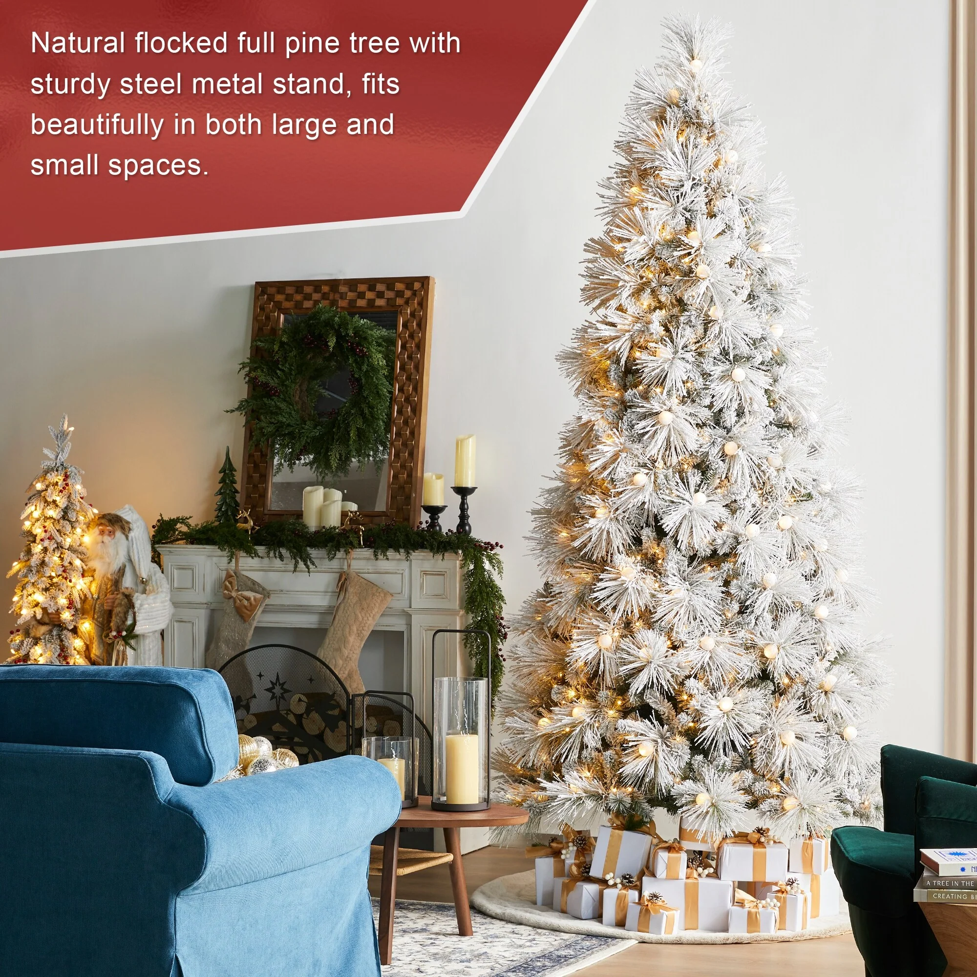 Glitzhome 7.5FT/9FT Pre-Lit Flocked Full Snowy Globe Pine Artificial Christmas Tree with Foot Switch