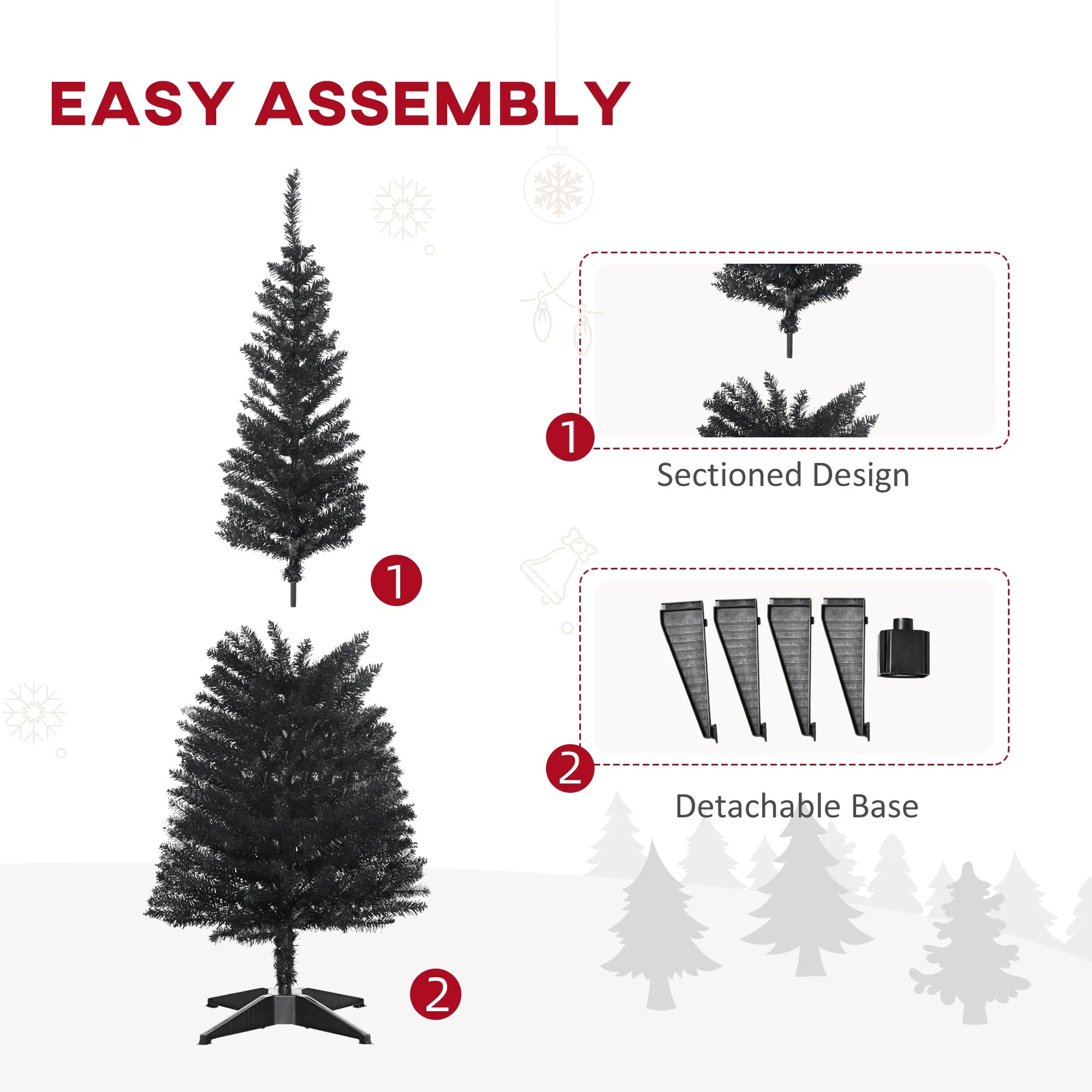 Slim Black Artificial Christmas Tree, Pencil Style with Realistic Branch Tips and Plastic Base - Perfect for Small Spaces