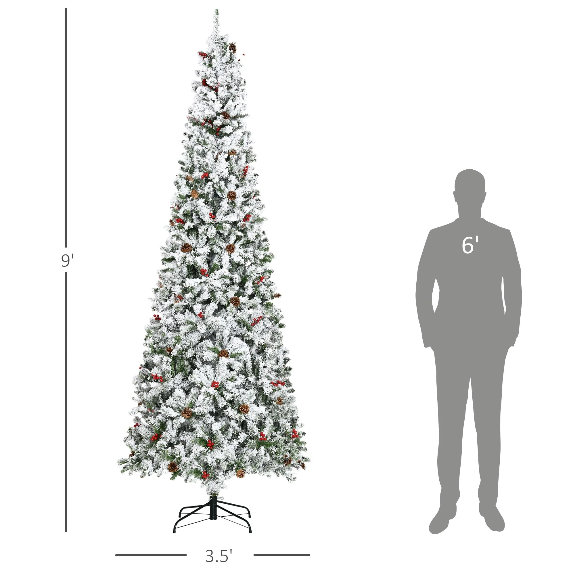 9' Tall Snow Flocked Artificial Pencil Christmas Tree with Pine Cones, Red Berries, and Auto-Open Branches