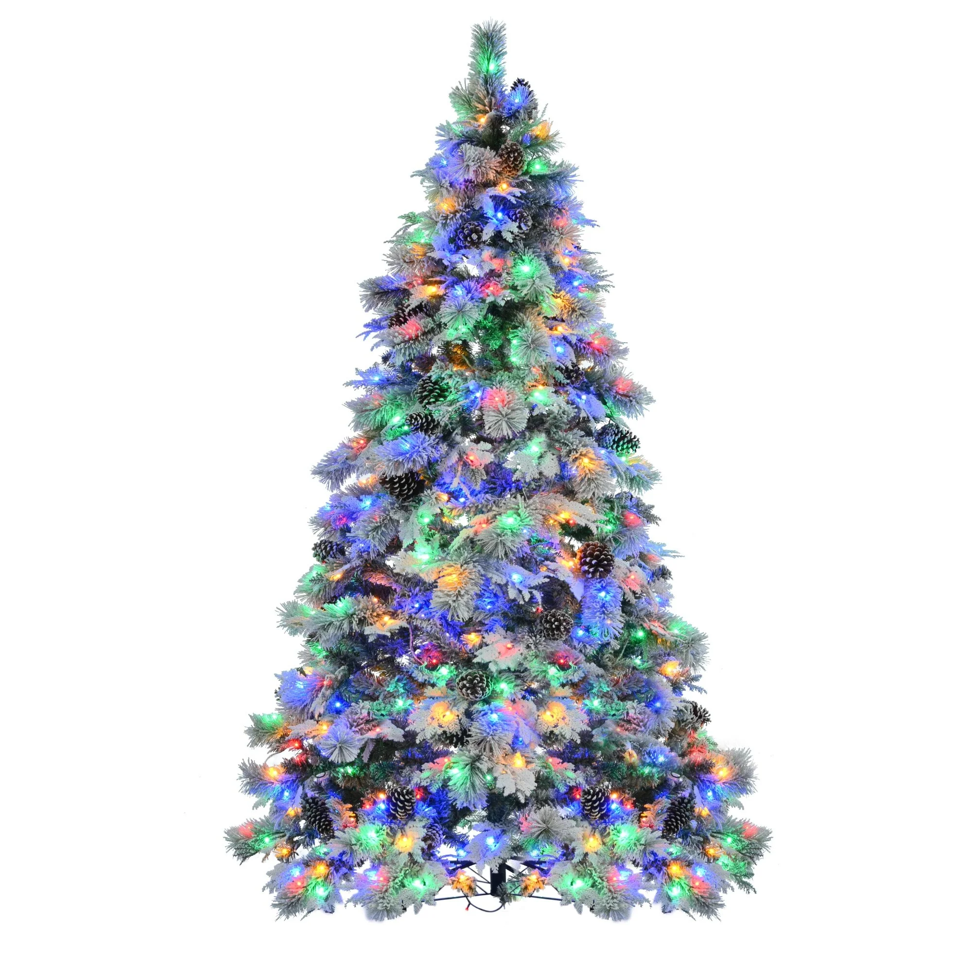Artificial Snow Flocked Spruce Christmas Tree with 120/250/450 LED Lights, Pine Cones, and 11 Flashing Modes, 4FT/6FT/7.5FT