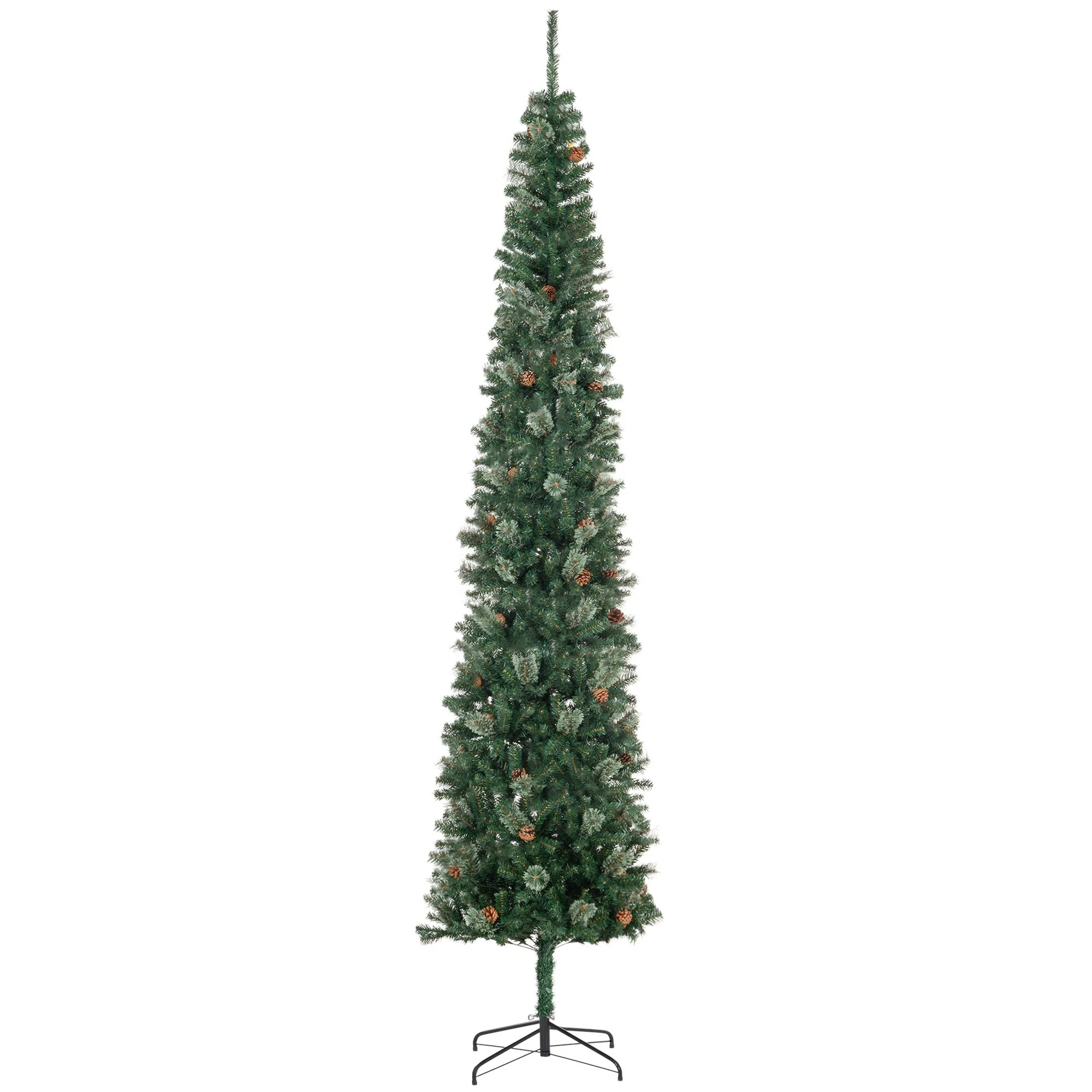 9.5 Ft Pencil Christmas Tree, Unlit Slim Artificial Xmas Tree with Realistic Branches, Pine Cones & Metal Stand