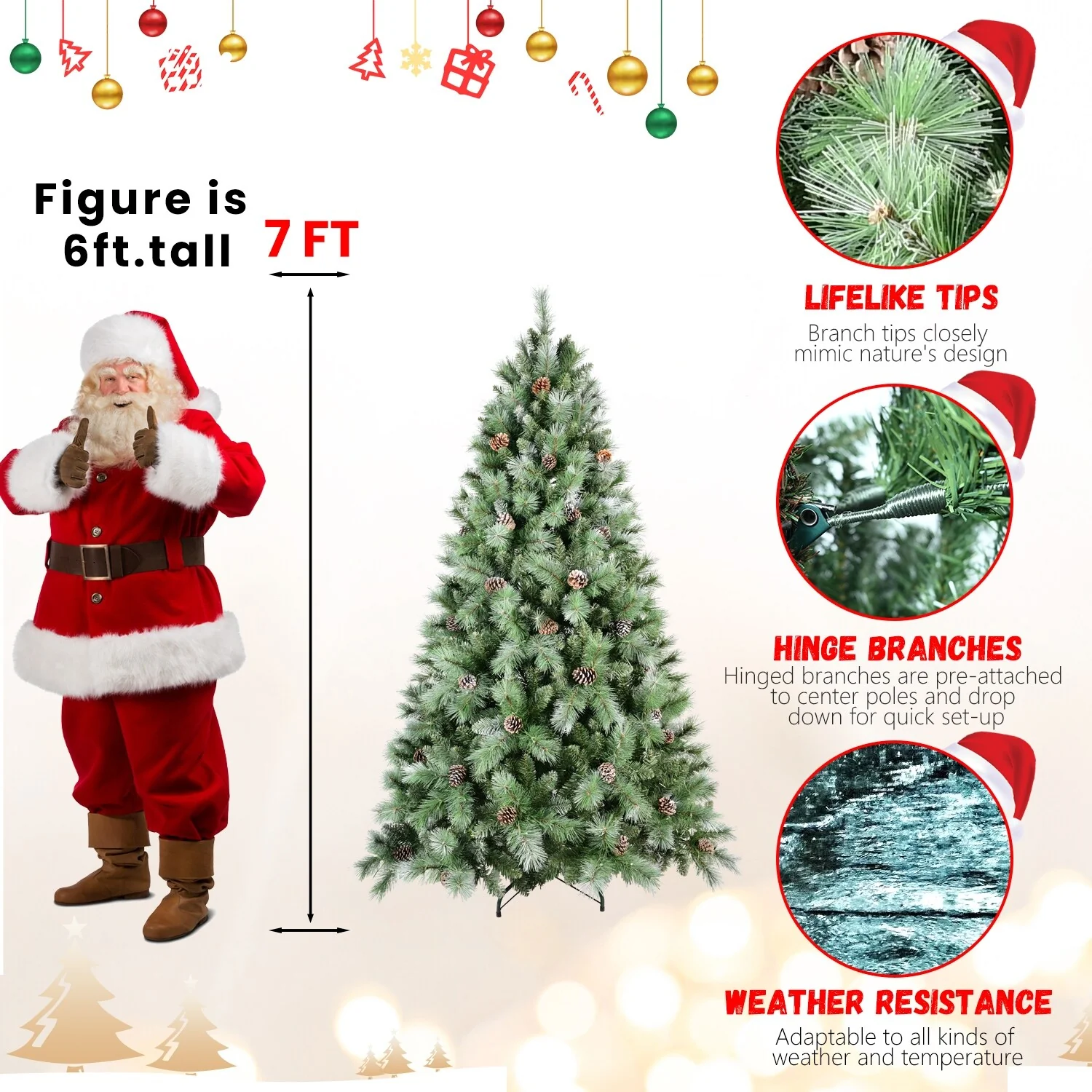 Premium 7.5FT Pre-Decorated Scotch Pine Christmas Tree with Frosted Branches and Natural Pine Cones, 450 LED Lights