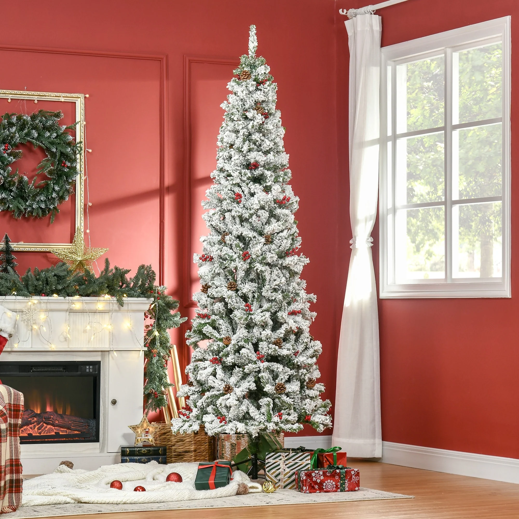 Unlit 6ft/7.5ft Snow-Flocked Pencil Christmas Tree, Pine with Realistic Branches, Pine Cones, and Red Berries