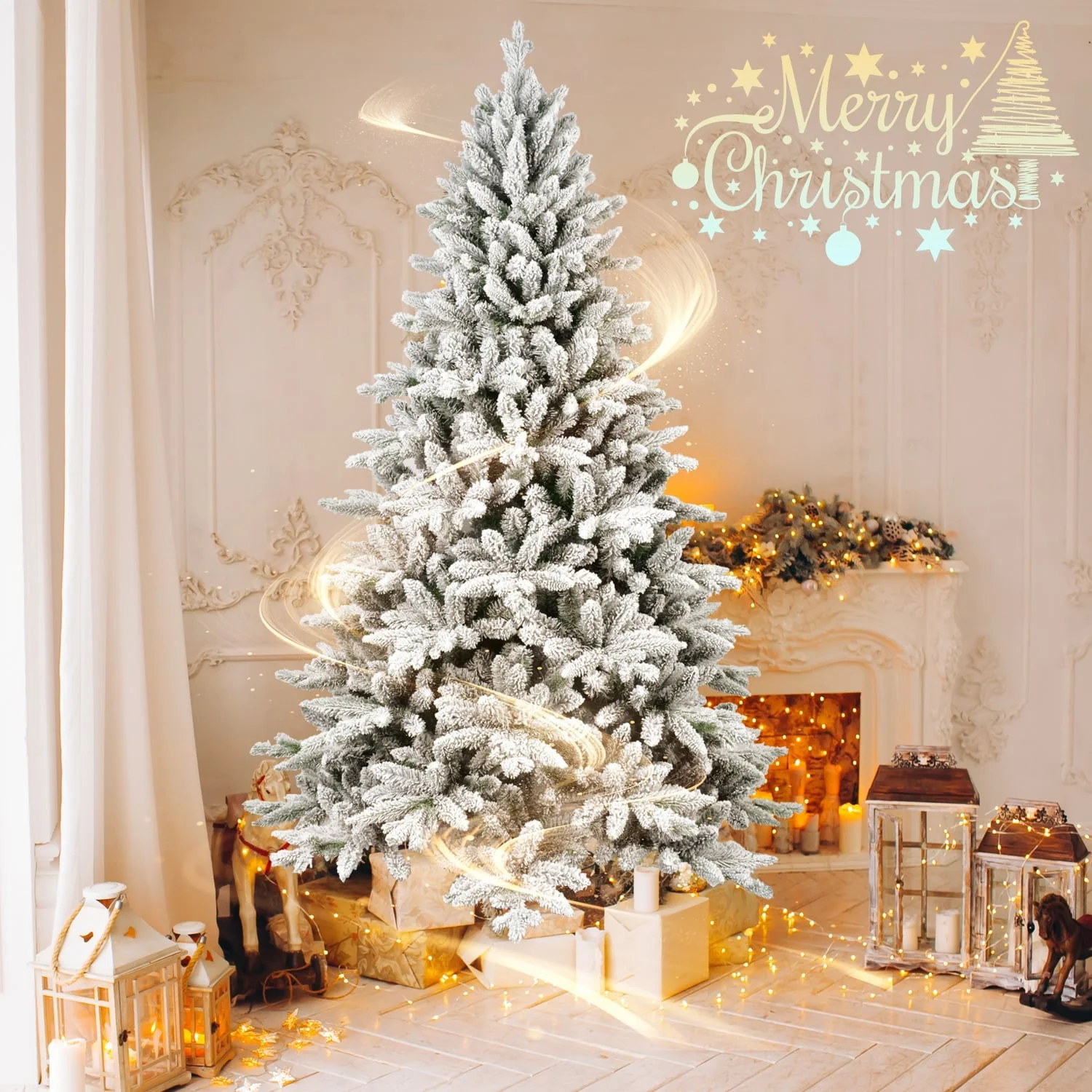 5-7ft Flocked PE+PVC Christmas Tree with 768 Tips and Automatic Unfolding Design
